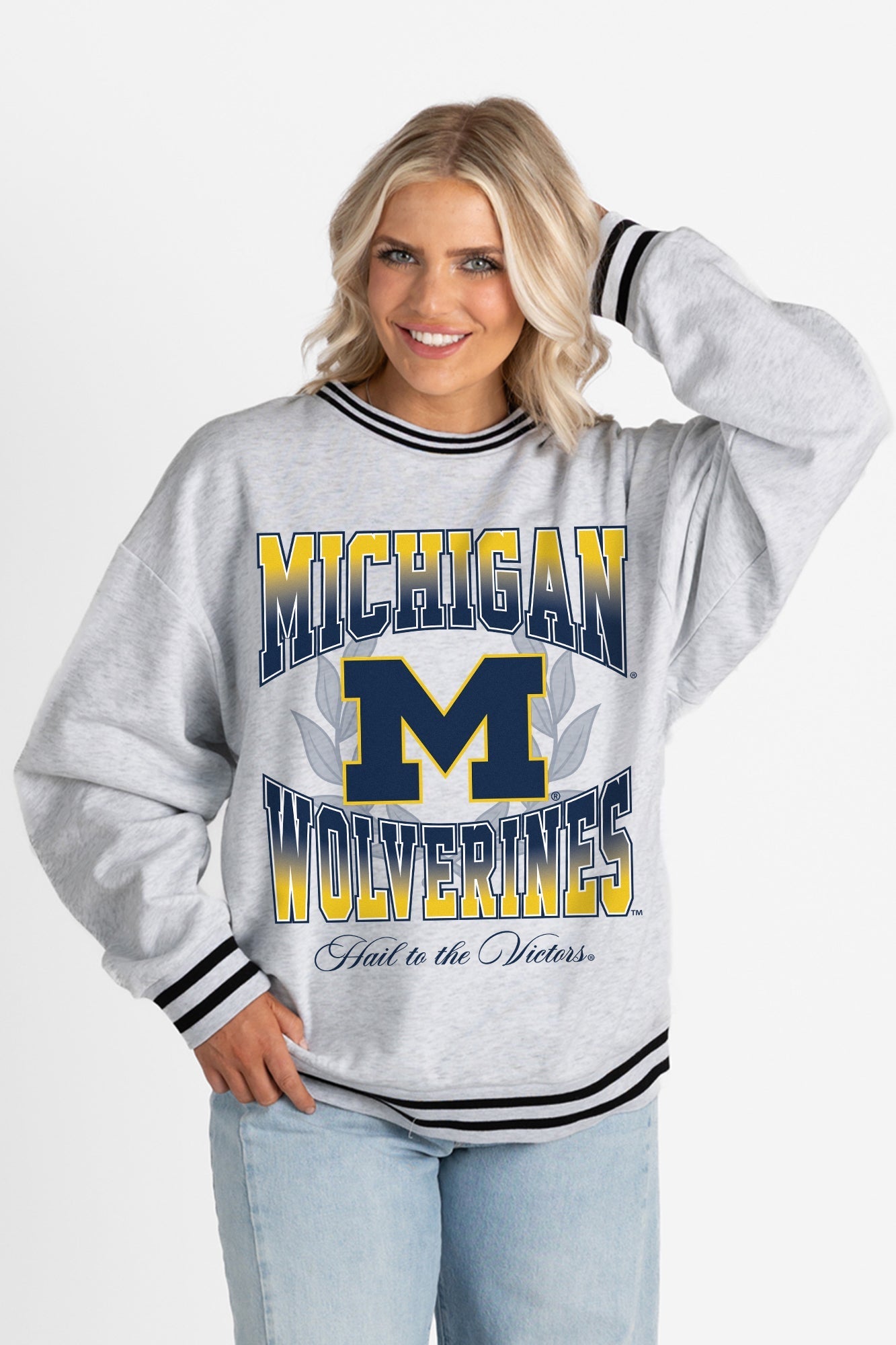 MICHIGAN WOLVERINES FADE ROUTE CREW FLEECE RINGER SWEATSHIRT