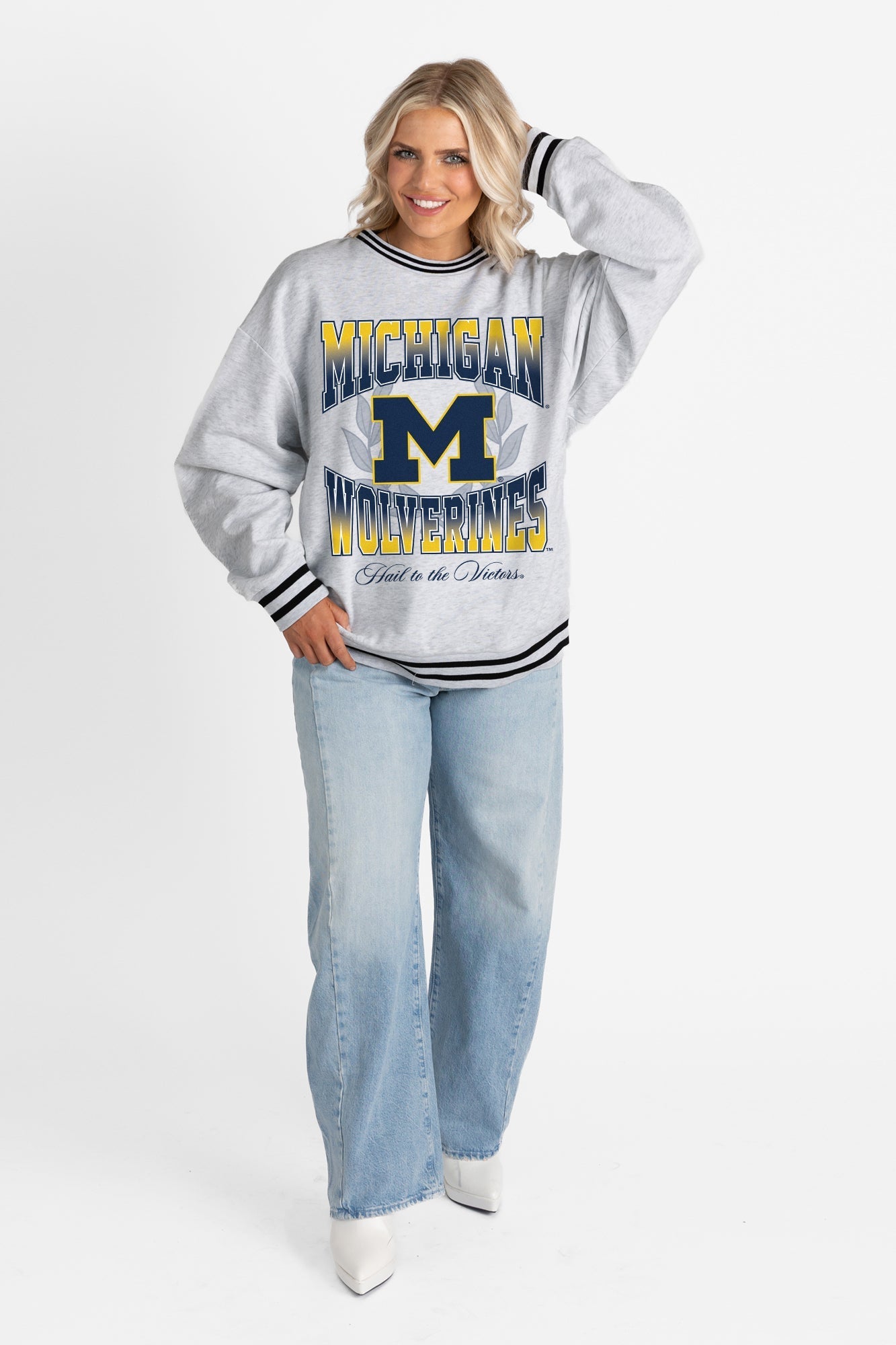 MICHIGAN WOLVERINES FADE ROUTE CREW FLEECE RINGER SWEATSHIRT