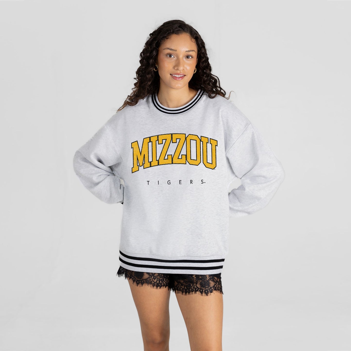 MISSOURI TIGERS EASY ENERGY CREW FLEECE RINGER STRIPE SWEATSHIRT