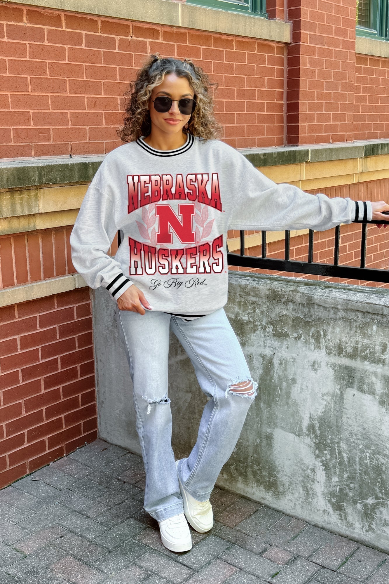 NEBRASKA CORNHUSKERS FADE ROUTE CREW FLEECE RINGER SWEATSHIRT