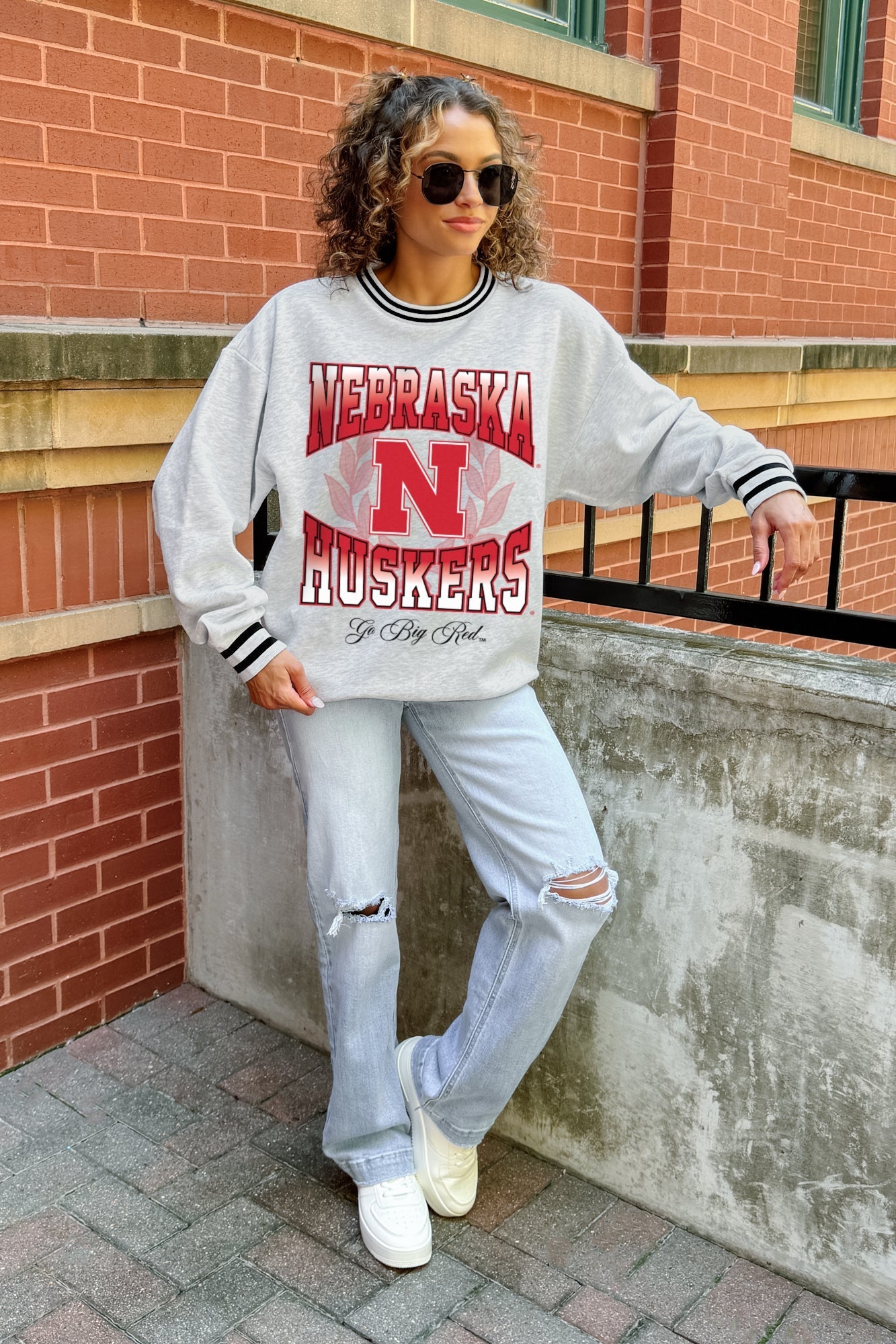 NEBRASKA CORNHUSKERS FADE ROUTE CREW FLEECE RINGER SWEATSHIRT