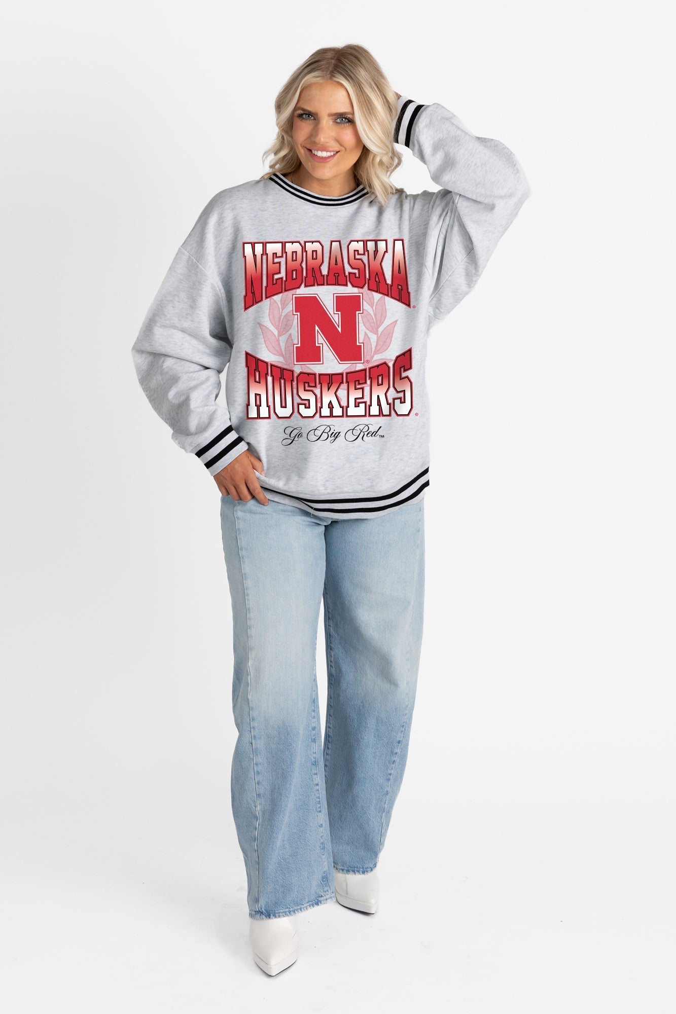 NEBRASKA CORNHUSKERS FADE ROUTE CREW FLEECE RINGER SWEATSHIRT