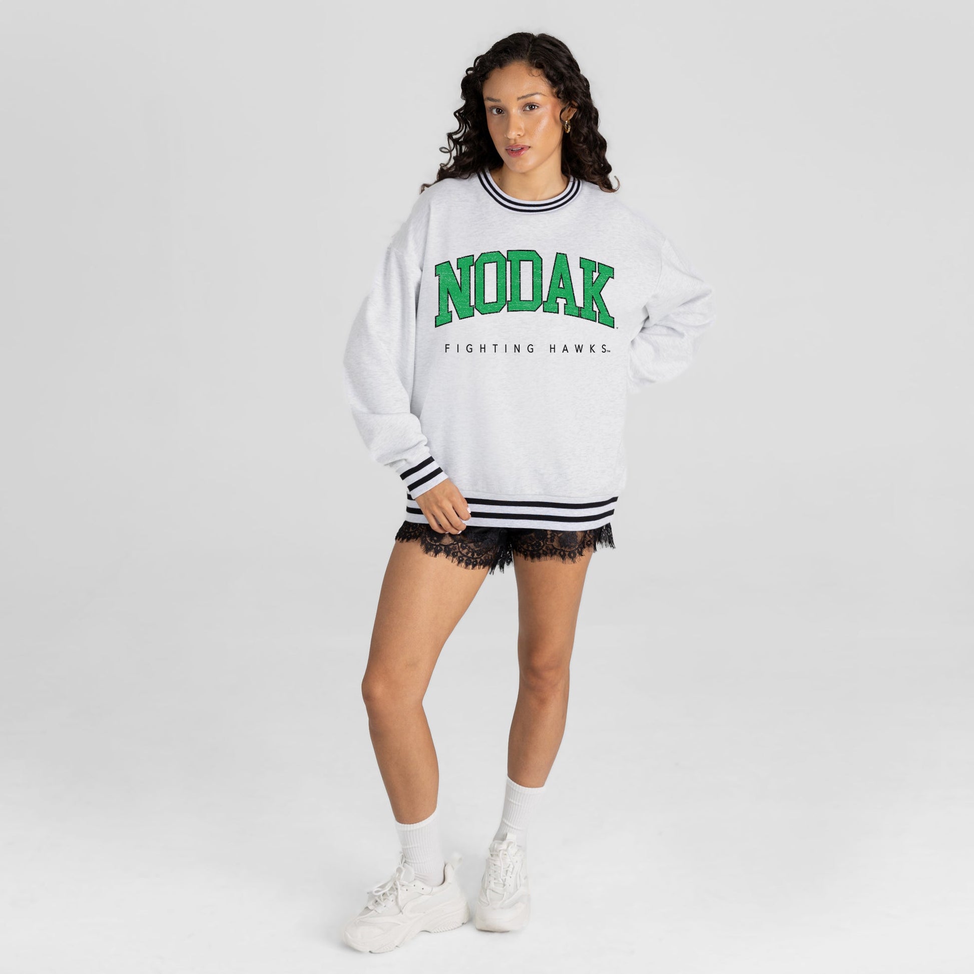 NORTH DAKOTA FIGHTING HAWKS EASY ENERGY CREW FLEECE RINGER STRIPE SWEATSHIRT