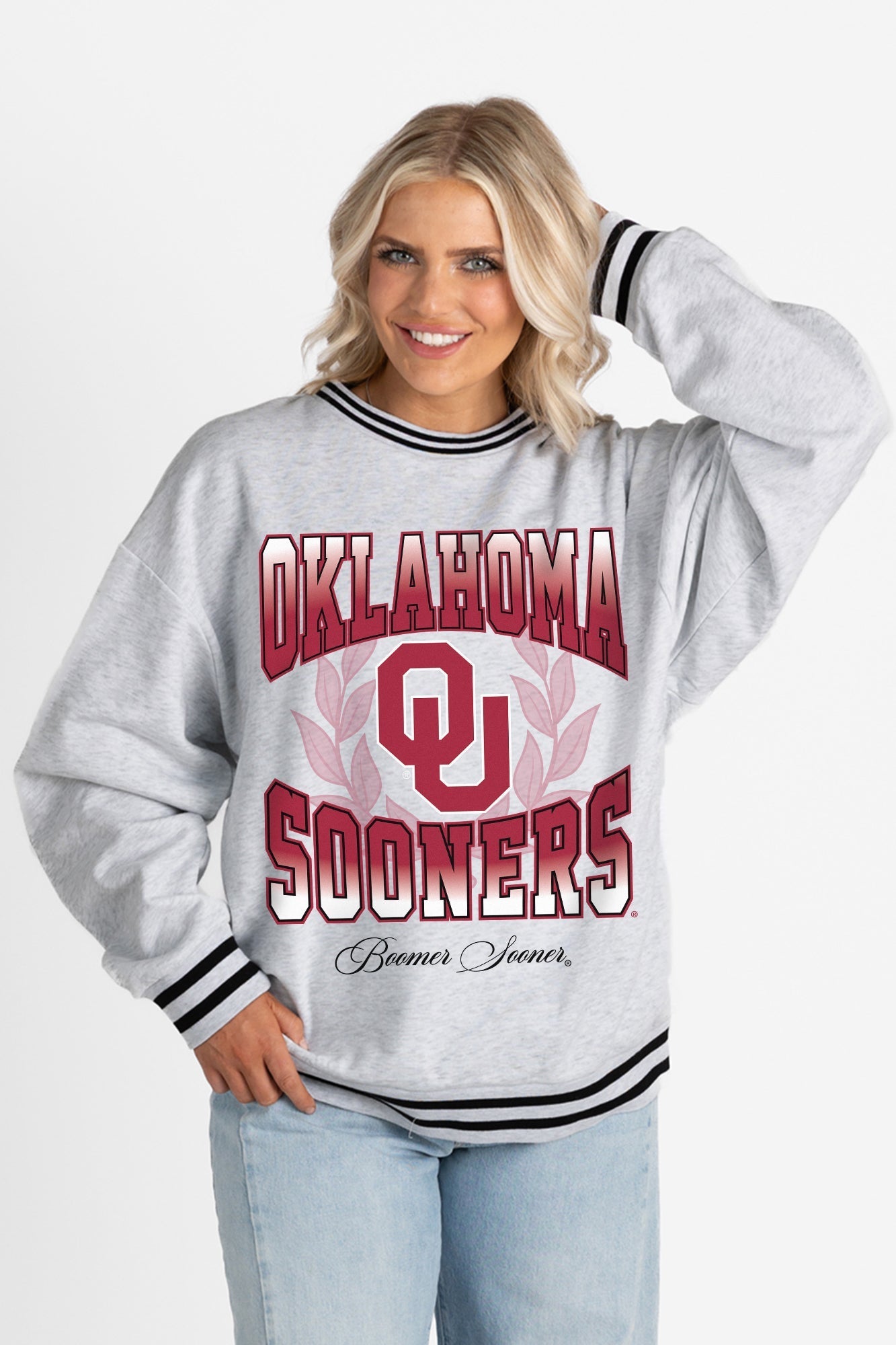 OKLAHOMA SOONERS FADE ROUTE CREW FLEECE RINGER SWEATSHIRT