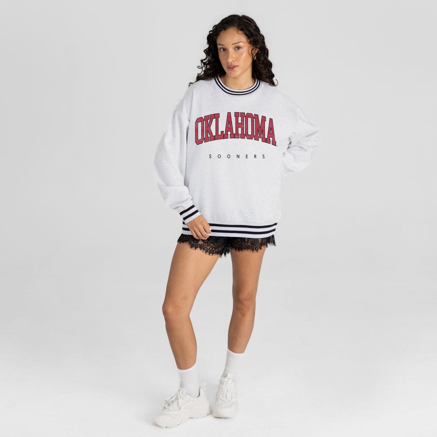 OKLAHOMA SOONERS EASY ENERGY CREW FLEECE RINGER STRIPE SWEATSHIRT
