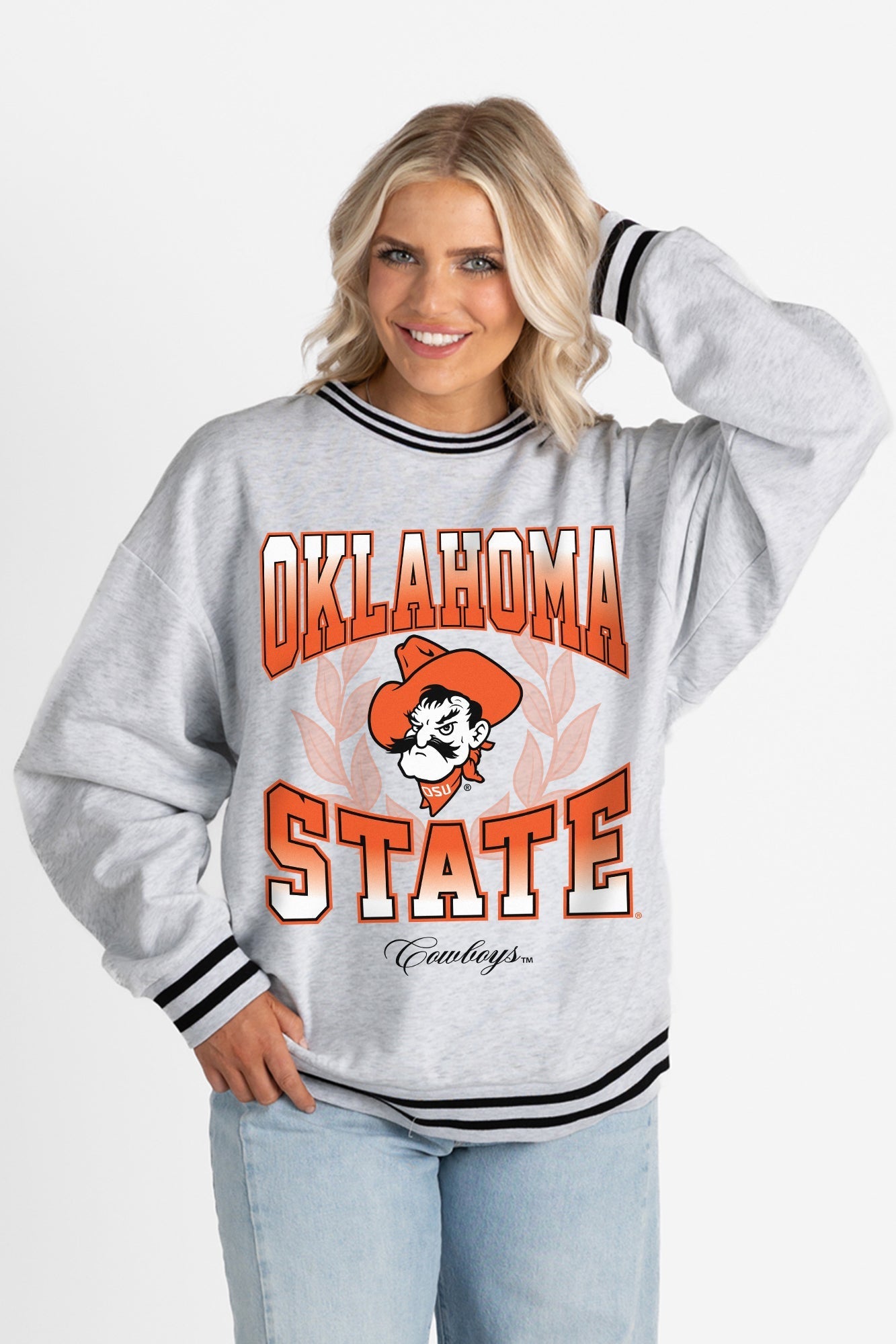 OKLAHOMA STATE COWBOYS FADE ROUTE CREW FLEECE RINGER SWEATSHIRT