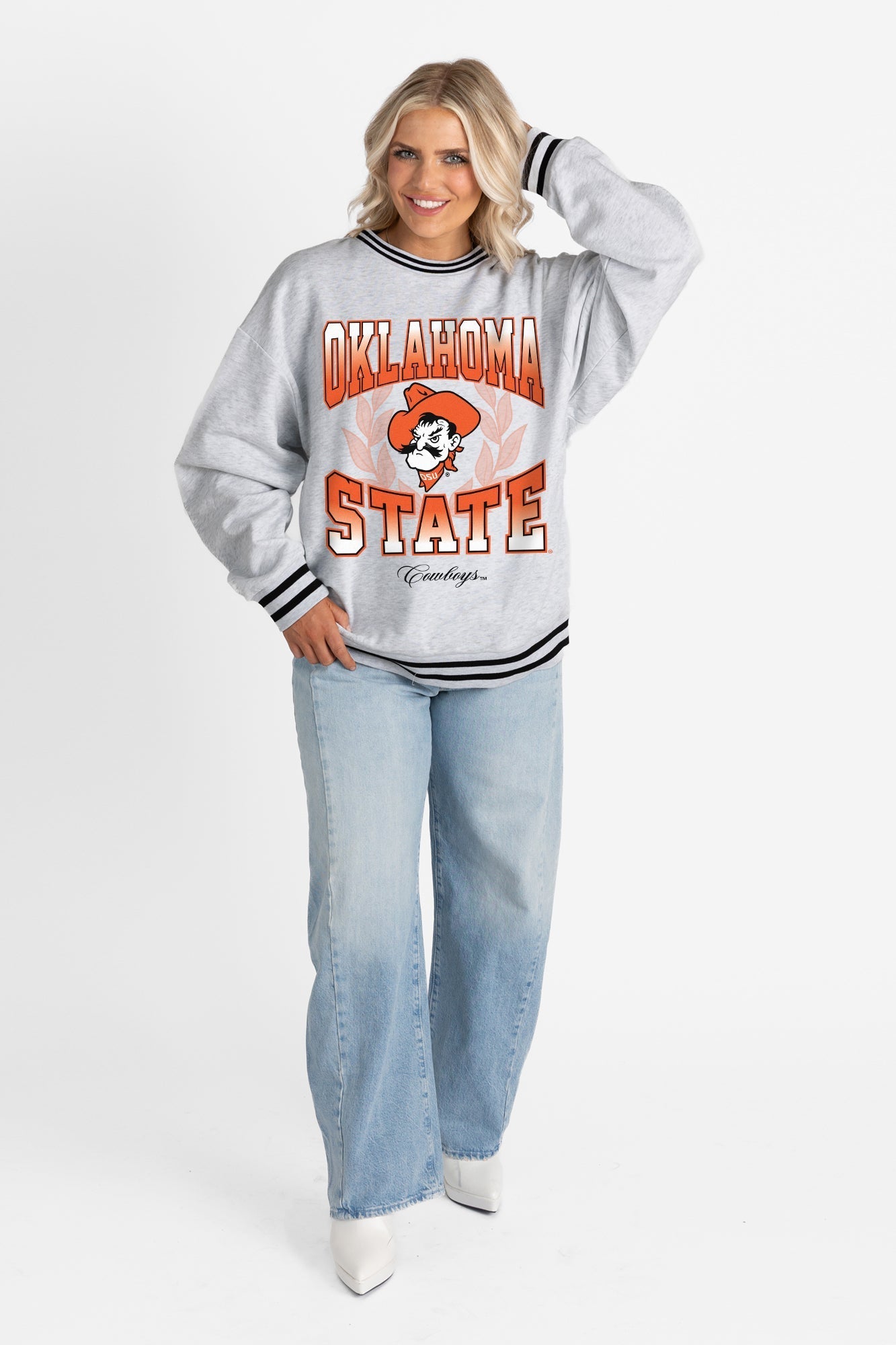 OKLAHOMA STATE COWBOYS FADE ROUTE CREW FLEECE RINGER SWEATSHIRT