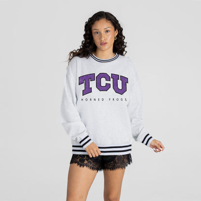 TCU HORNED FROGS EASY ENERGY CREW FLEECE RINGER STRIPE SWEATSHIRT