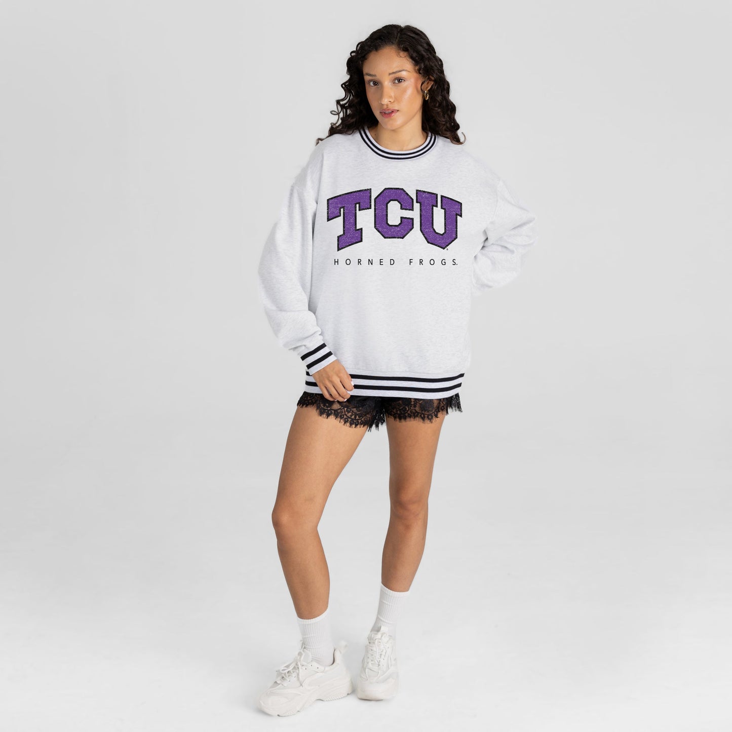 TCU HORNED FROGS EASY ENERGY CREW FLEECE RINGER STRIPE SWEATSHIRT