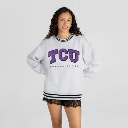TCU HORNED FROGS EASY ENERGY CREW FLEECE RINGER STRIPE SWEATSHIRT