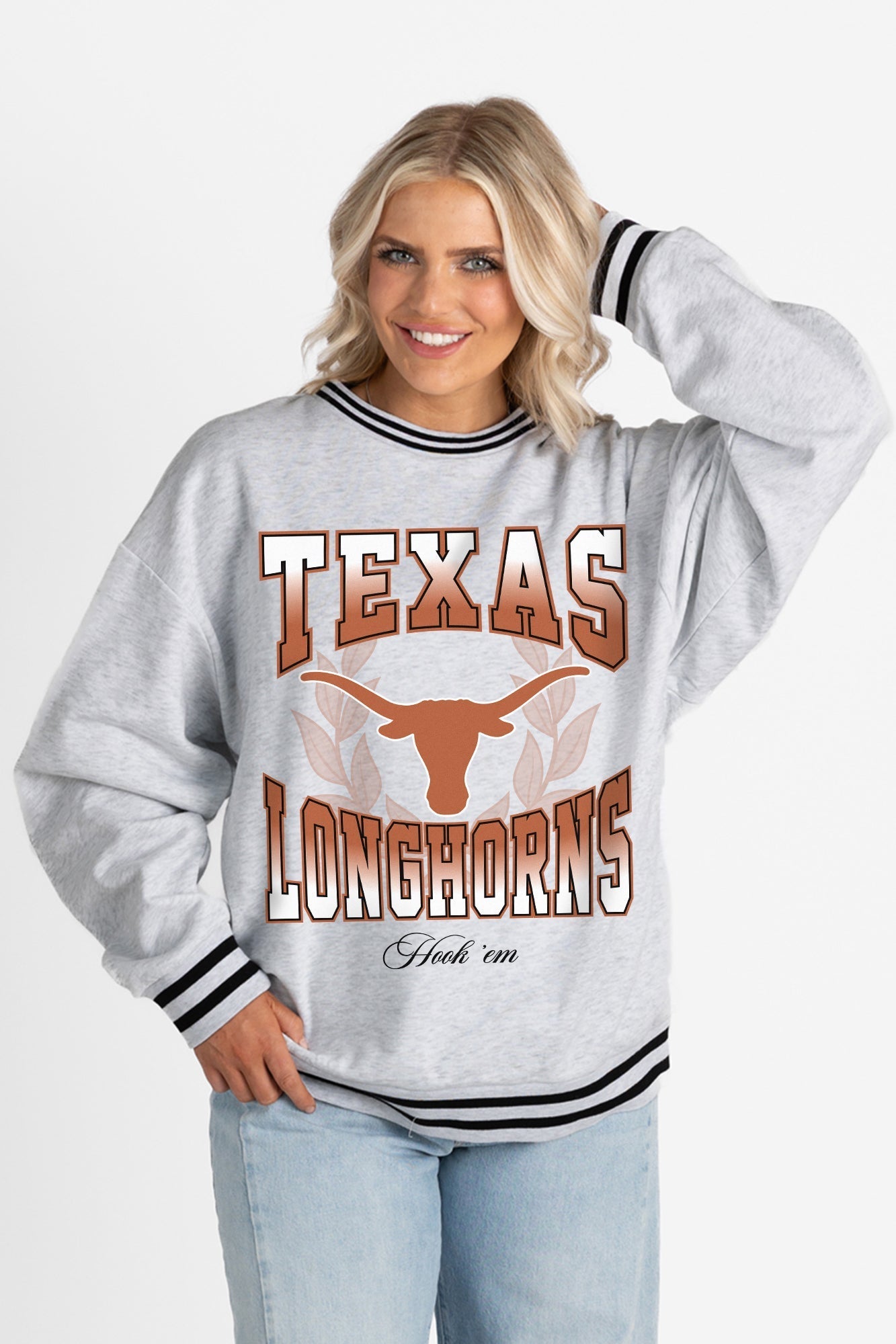 TEXAS LONGHORNS FADE ROUTE CREW FLEECE RINGER SWEATSHIRT