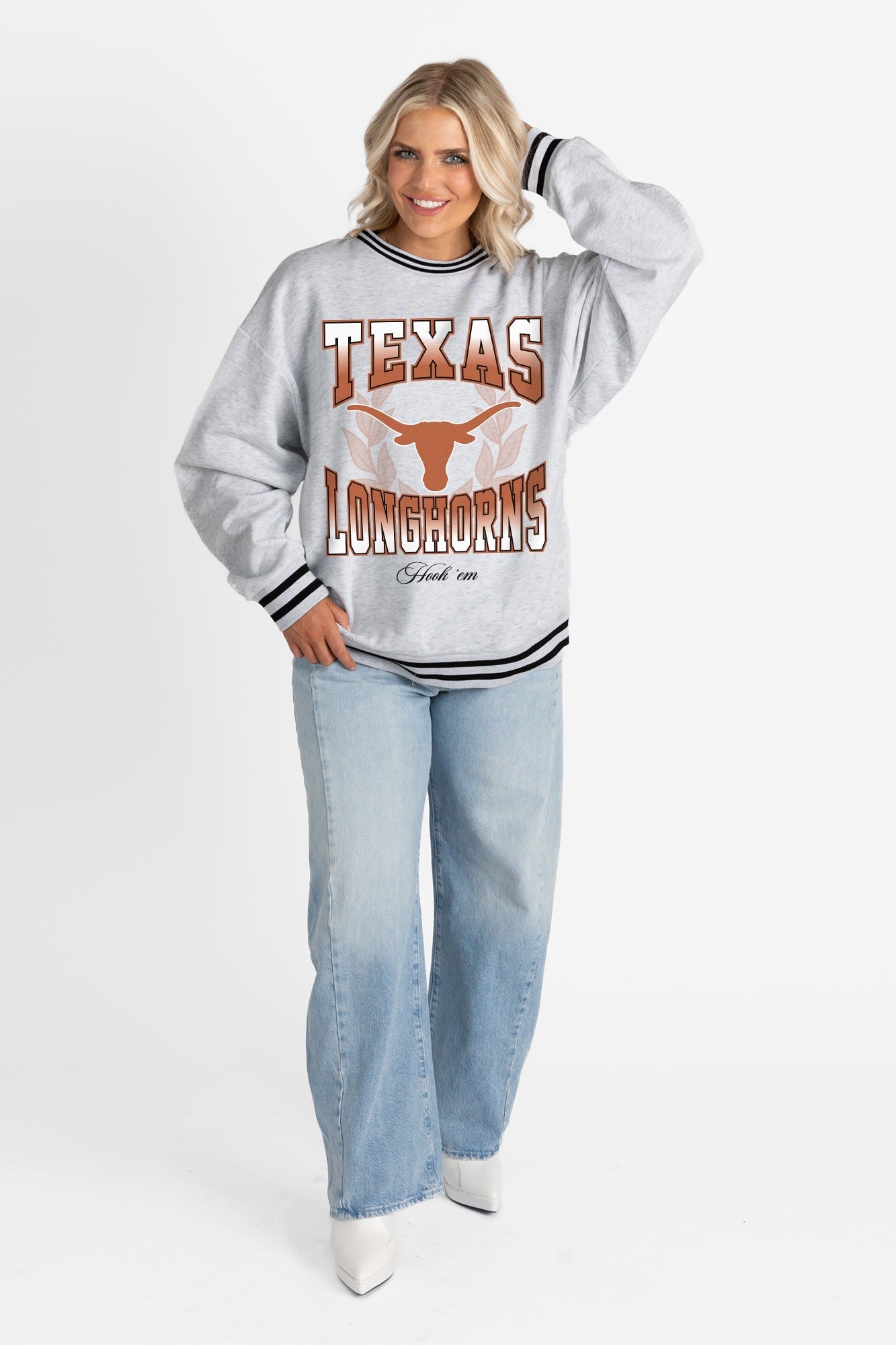 TEXAS LONGHORNS FADE ROUTE CREW FLEECE RINGER SWEATSHIRT