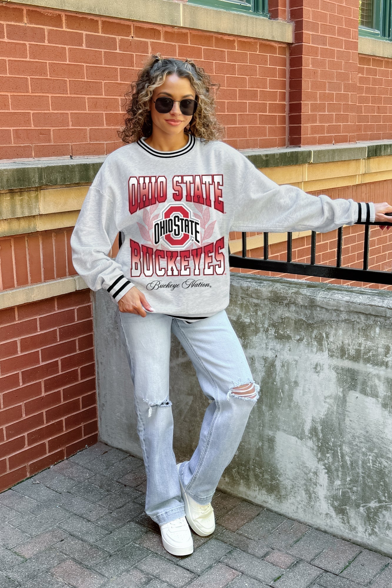 OHIO STATE BUCKEYES FADE ROUTE CREW FLEECE RINGER SWEATSHIRT