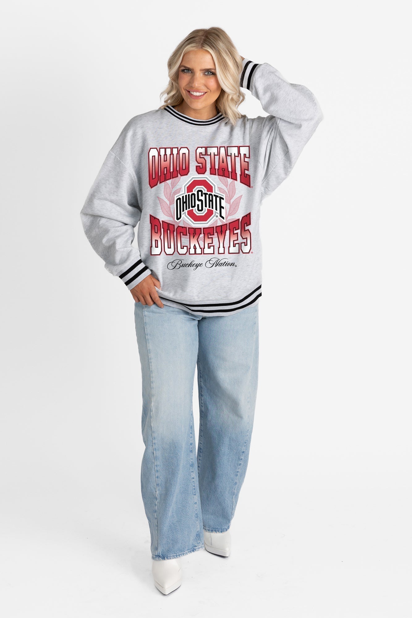 OHIO STATE BUCKEYES FADE ROUTE CREW FLEECE RINGER SWEATSHIRT