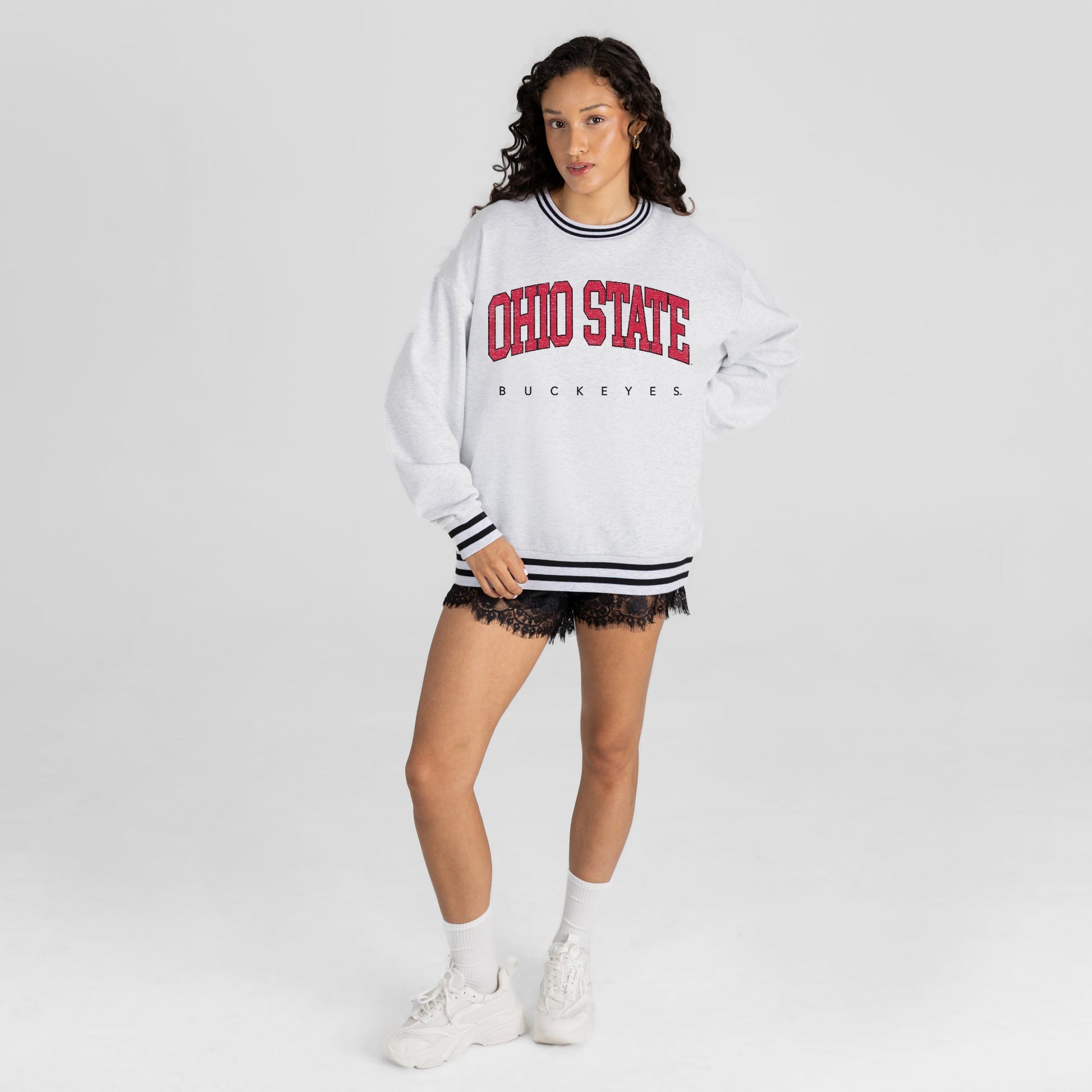 OHIO STATE BUCKEYES EASY ENERGY CREW FLEECE RINGER STRIPE SWEATSHIRT