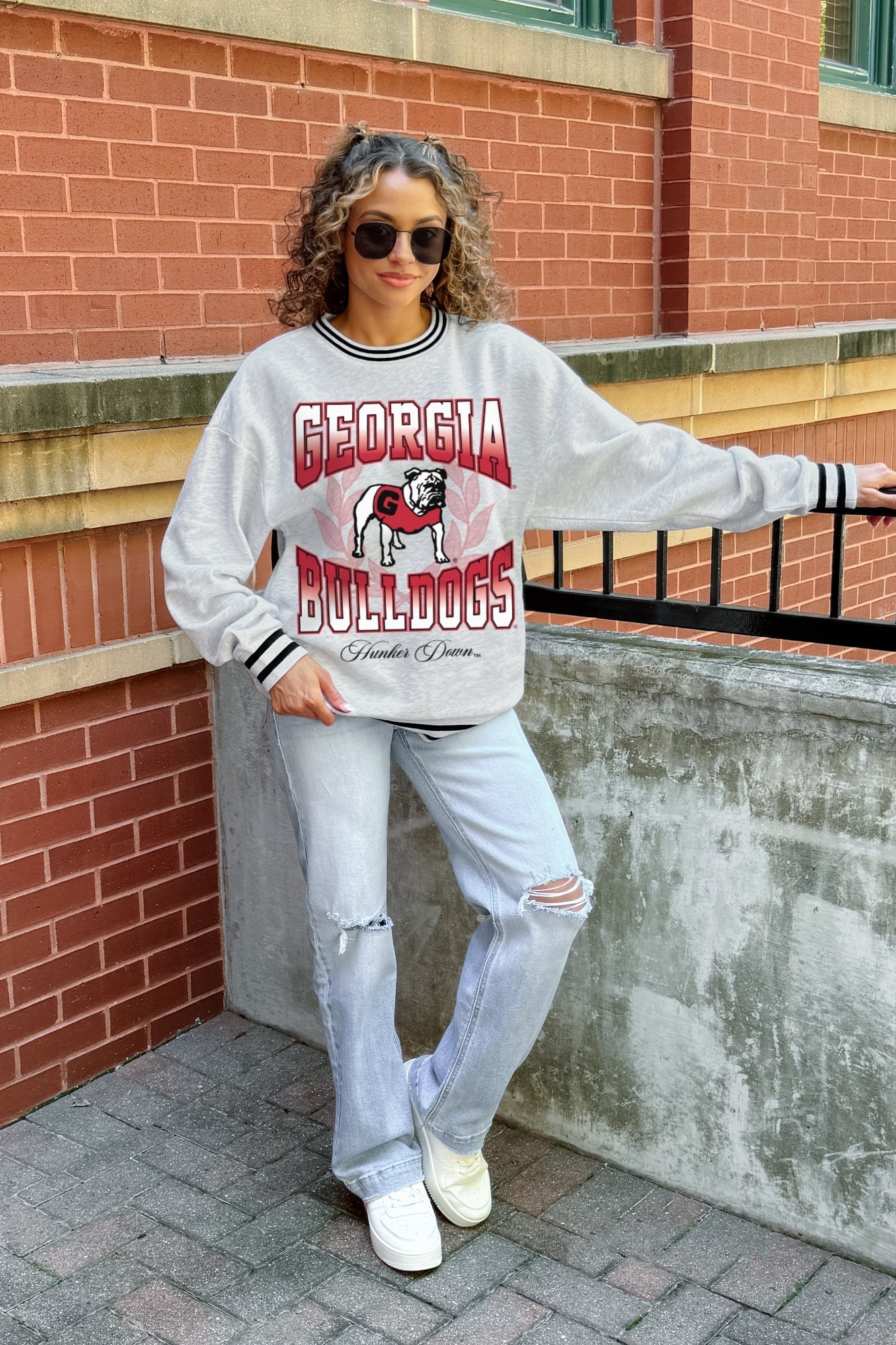 GEORGIA BULLDOGS FADE ROUTE CREW FLEECE RINGER SWEATSHIRT
