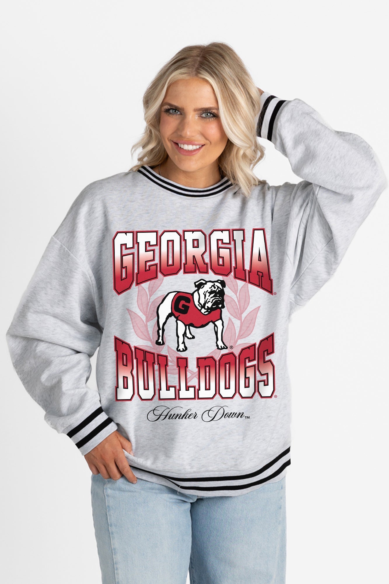 GEORGIA BULLDOGS FADE ROUTE CREW FLEECE RINGER SWEATSHIRT