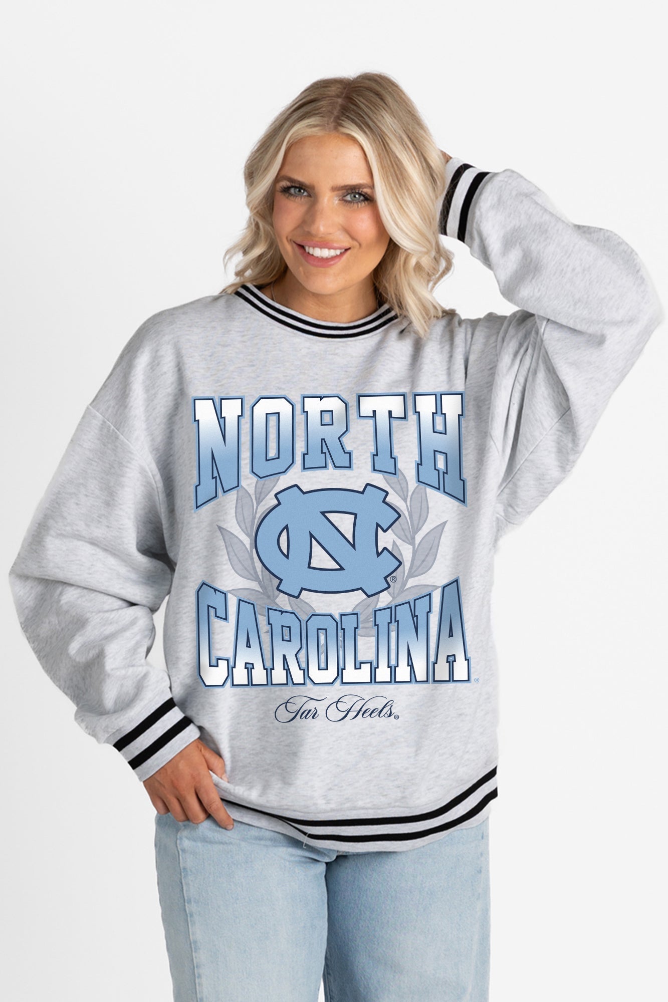 NORTH CAROLINA TAR HEELS FADE ROUTE CREW FLEECE RINGER SWEATSHIRT