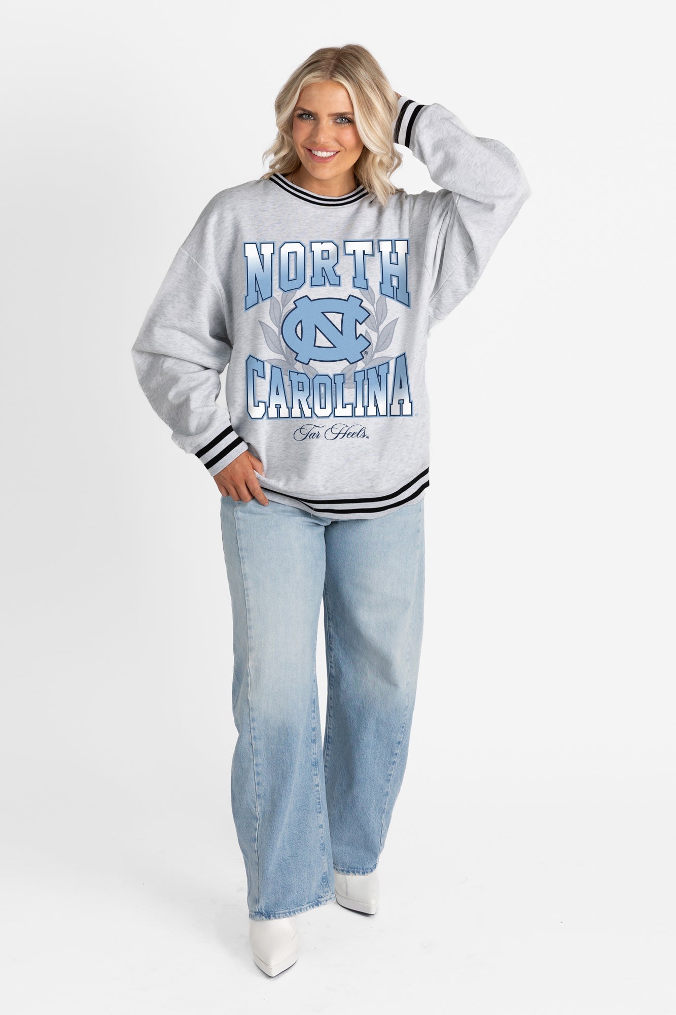 NORTH CAROLINA TAR HEELS FADE ROUTE CREW FLEECE RINGER SWEATSHIRT
