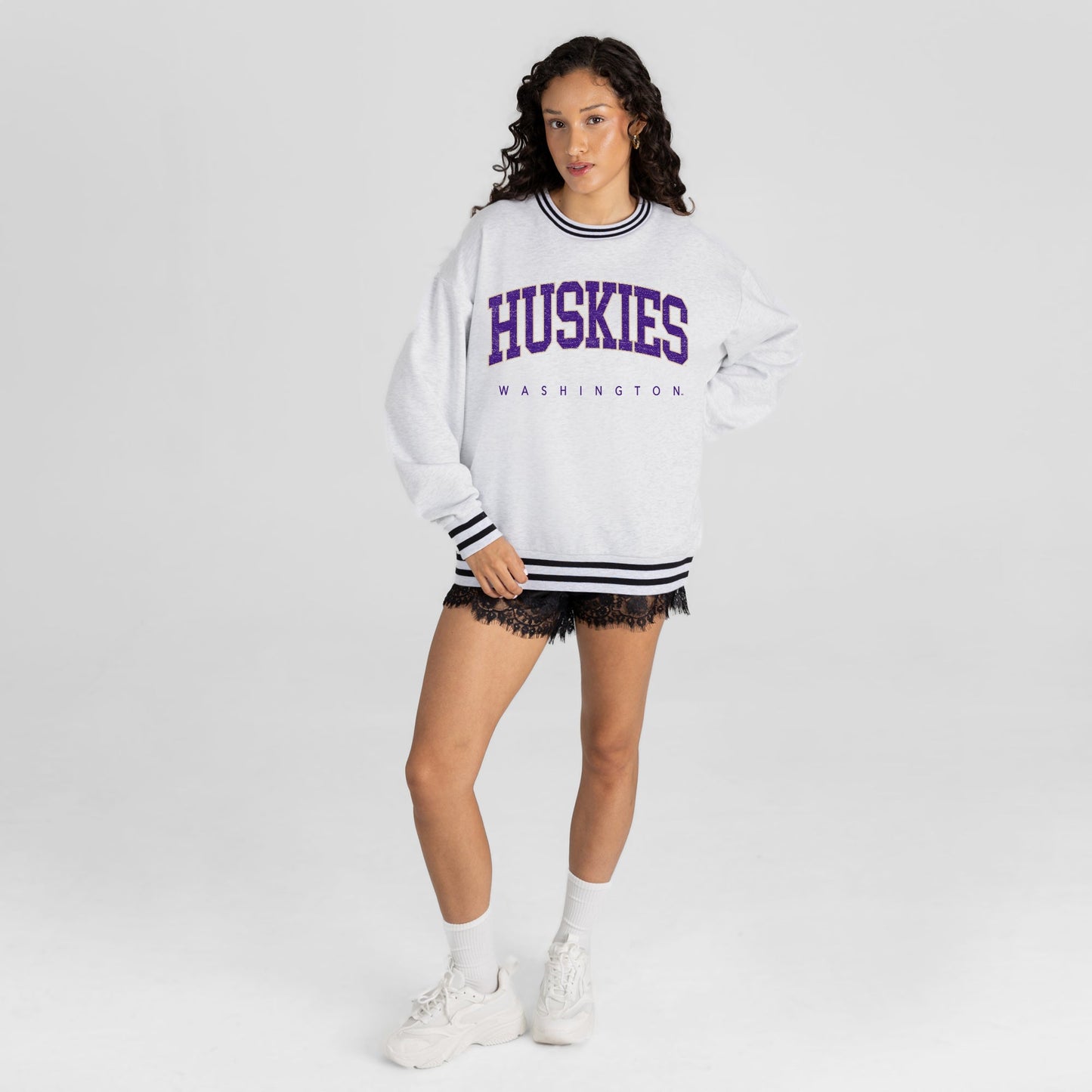 WASHINGTON HUSKIES EASY ENERGY CREW FLEECE RINGER STRIPE SWEATSHIRT