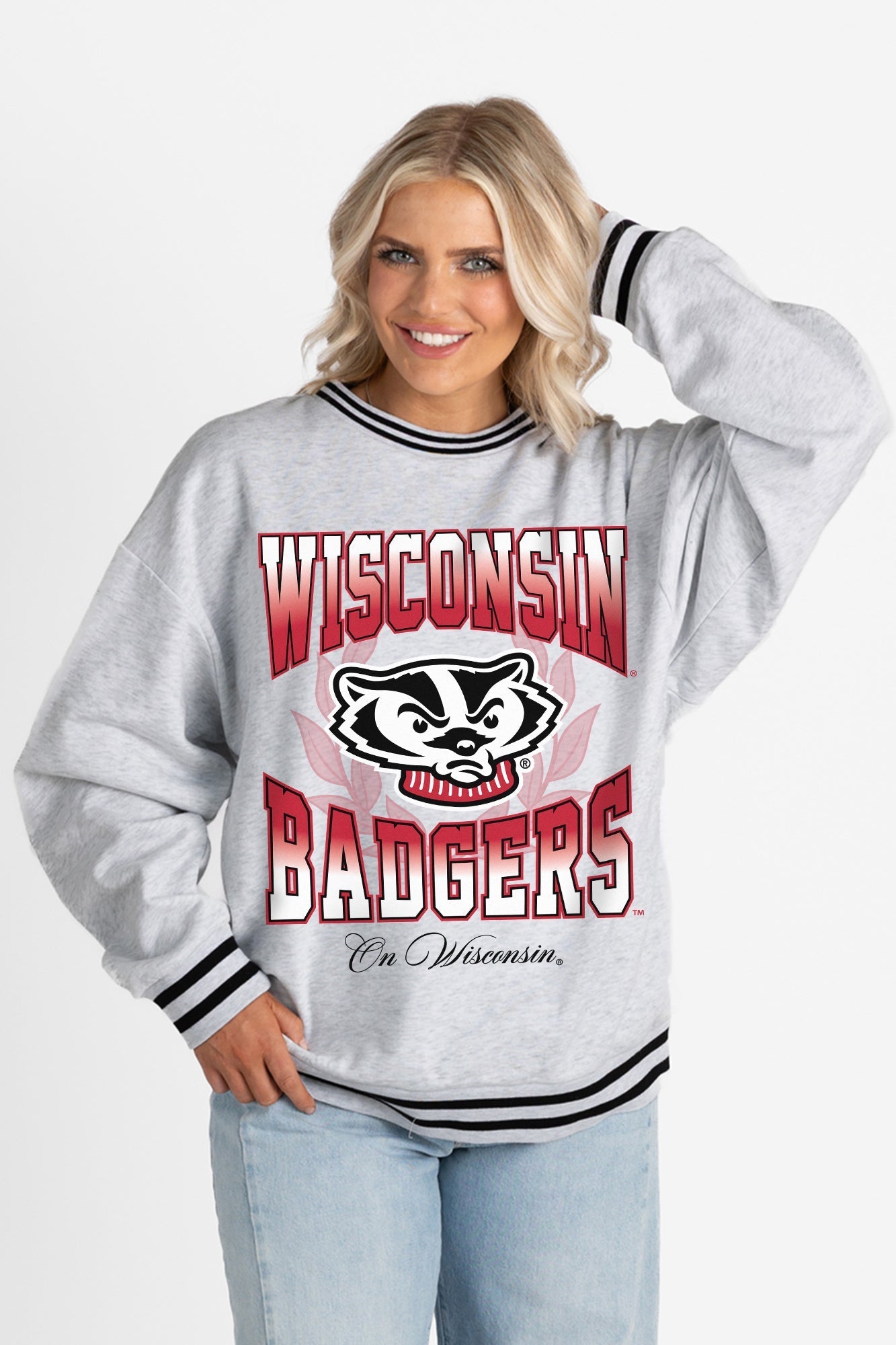 WISCONSIN BADGERS FADE ROUTE CREW FLEECE RINGER SWEATSHIRT