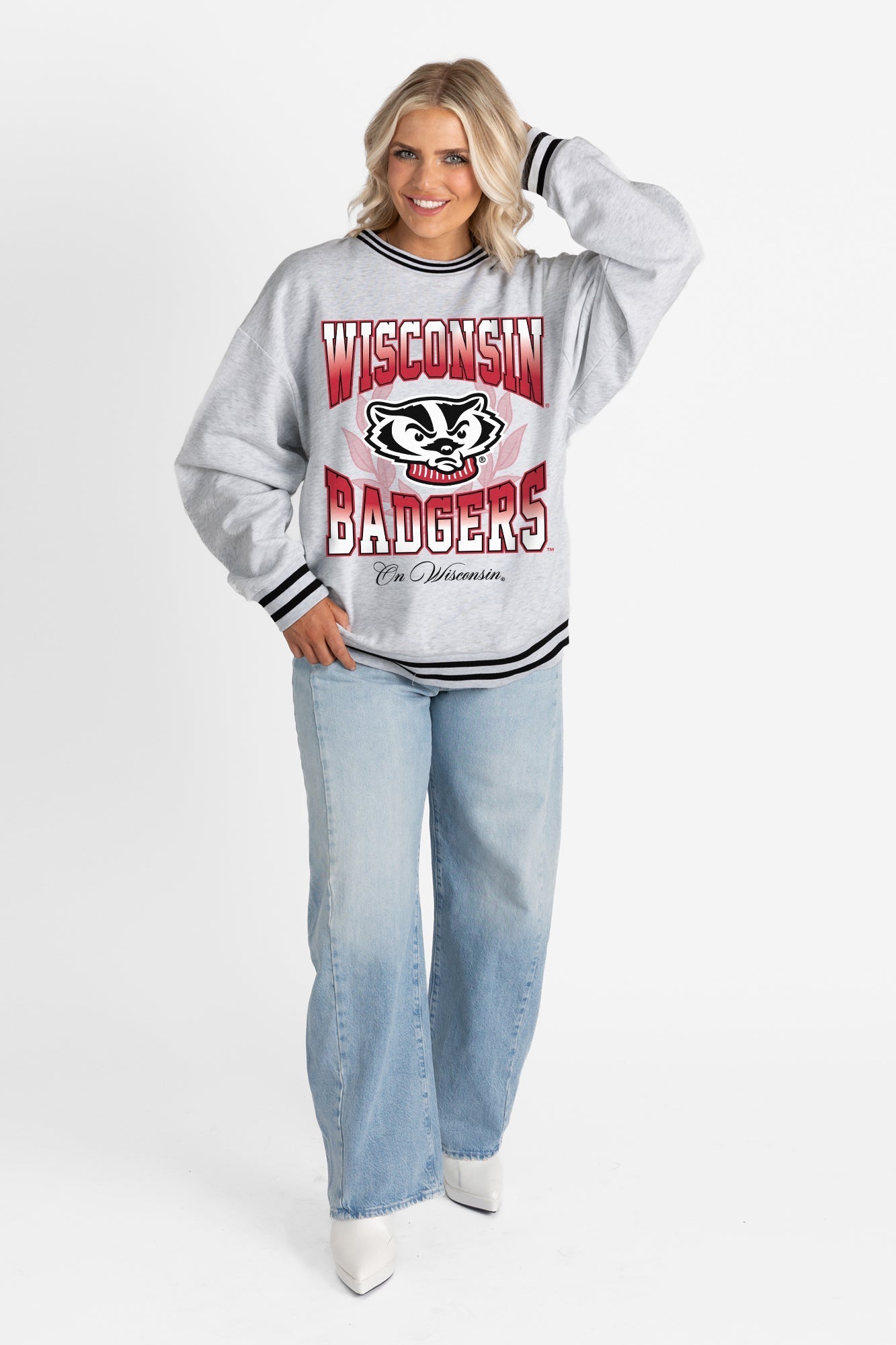 WISCONSIN BADGERS FADE ROUTE CREW FLEECE RINGER SWEATSHIRT