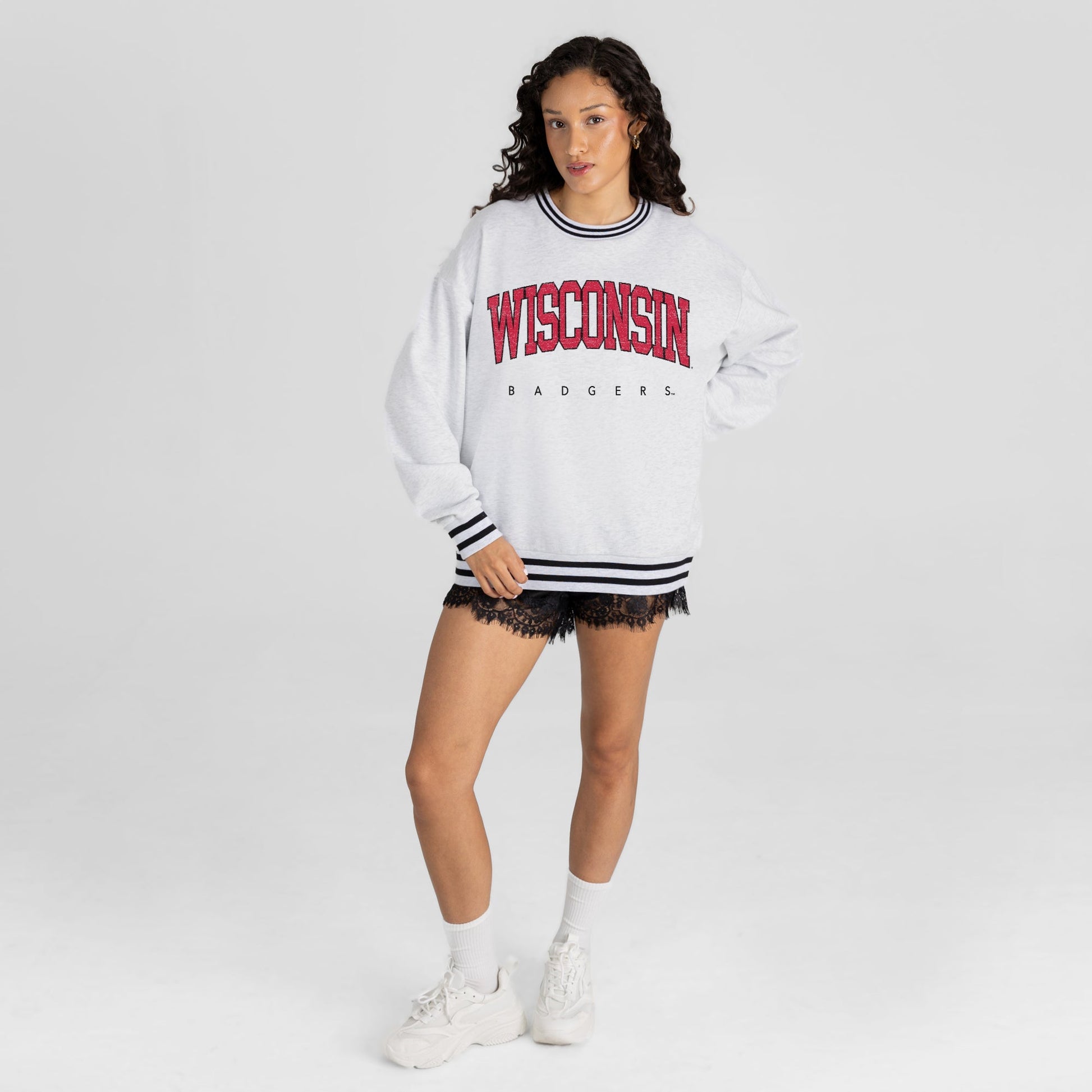 WISCONSIN BADGERS EASY ENERGY CREW FLEECE RINGER STRIPE SWEATSHIRT