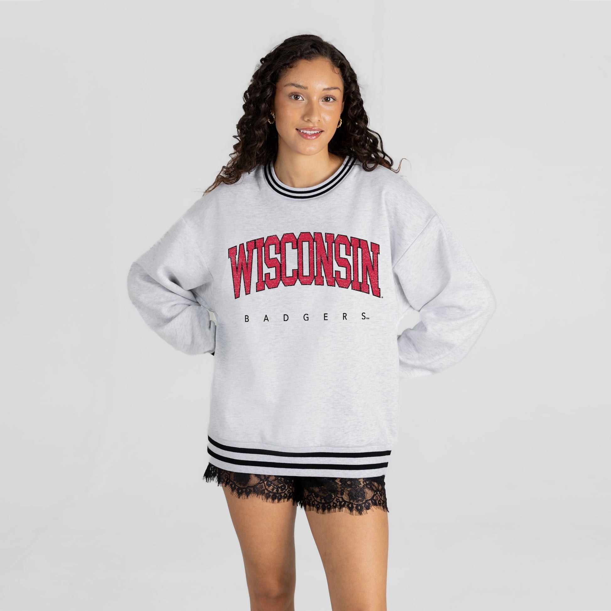WISCONSIN BADGERS EASY ENERGY CREW FLEECE RINGER STRIPE SWEATSHIRT
