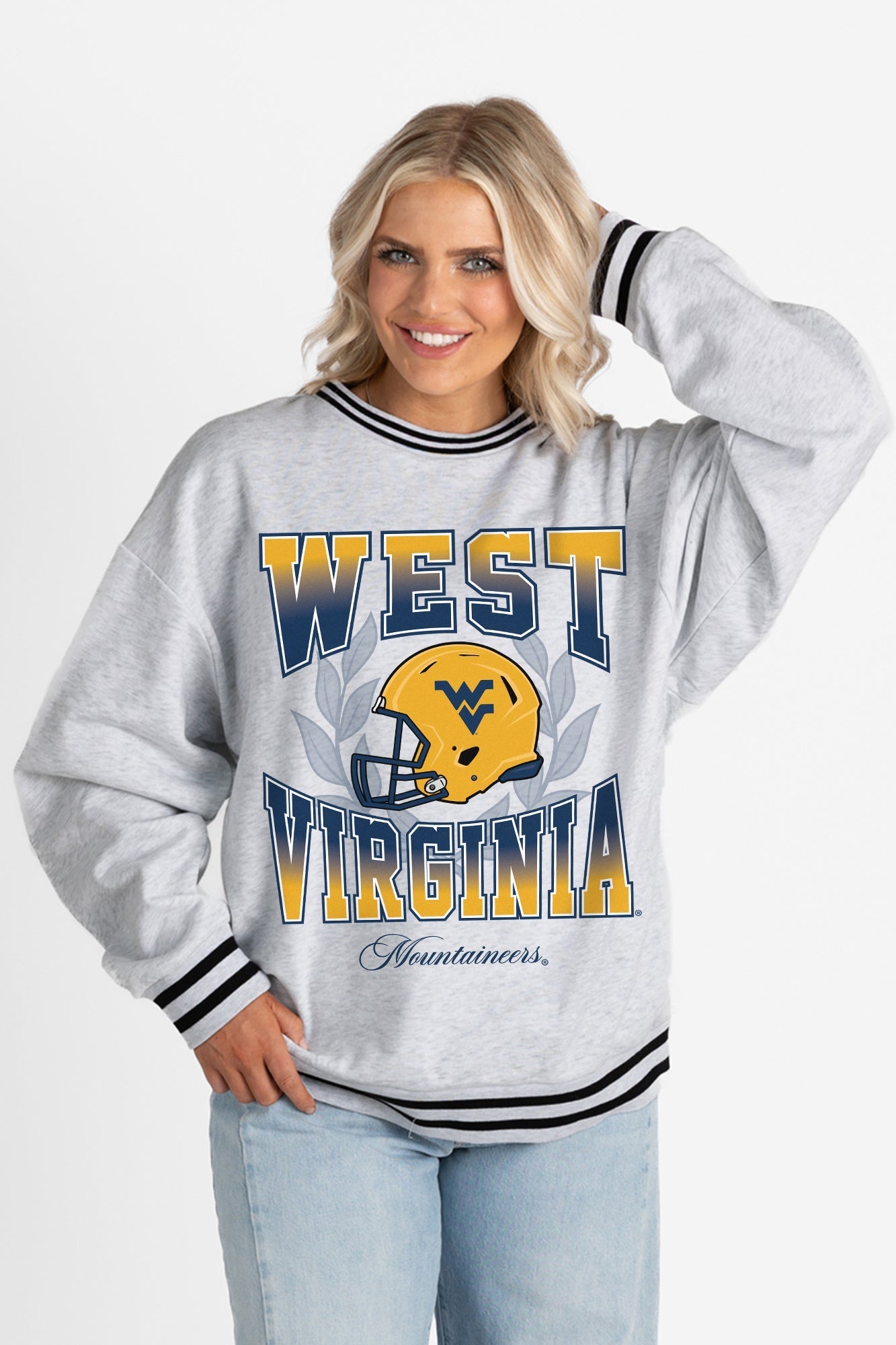 WEST VIRGINIA MOUNTAINEERS FADE ROUTE CREW FLEECE RINGER SWEATSHIRT