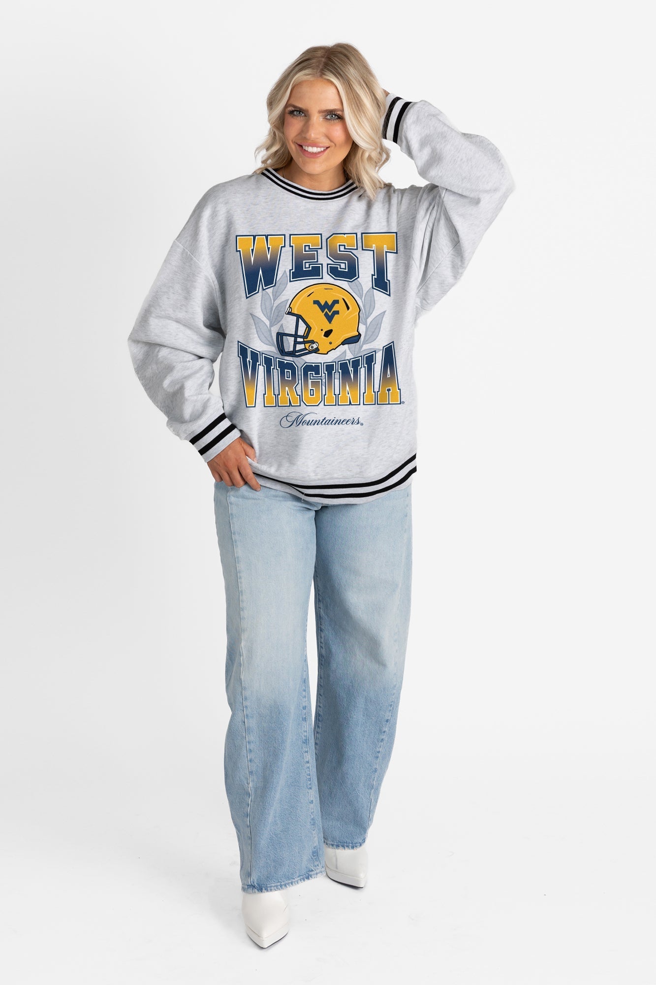 WEST VIRGINIA MOUNTAINEERS FADE ROUTE CREW FLEECE RINGER SWEATSHIRT