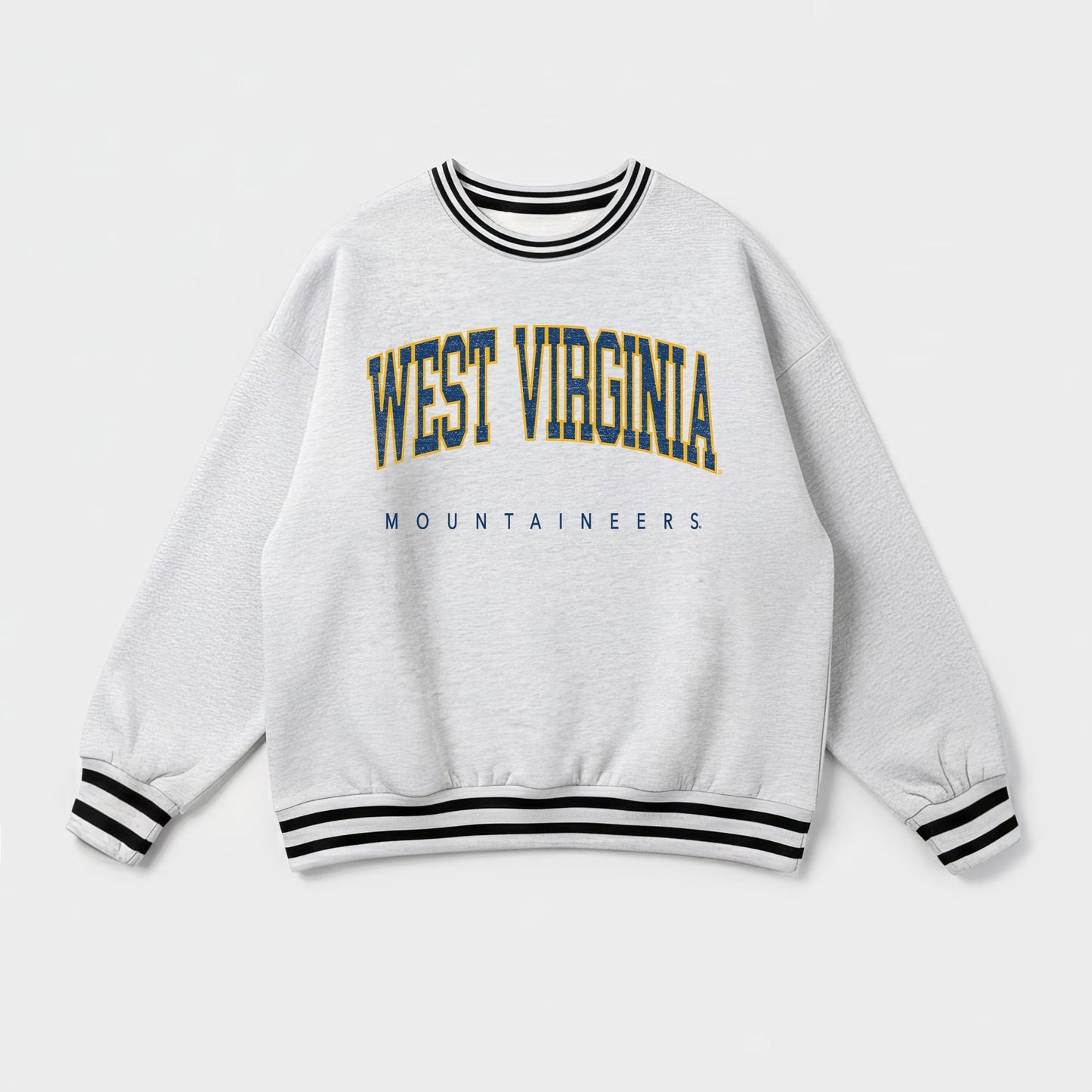 WEST VIRGINIA MOUNTAINEERS EASY ENERGY CREW FLEECE RINGER STRIPE SWEATSHIRT