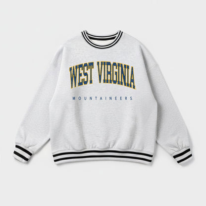 WEST VIRGINIA MOUNTAINEERS EASY ENERGY CREW FLEECE RINGER STRIPE SWEATSHIRT