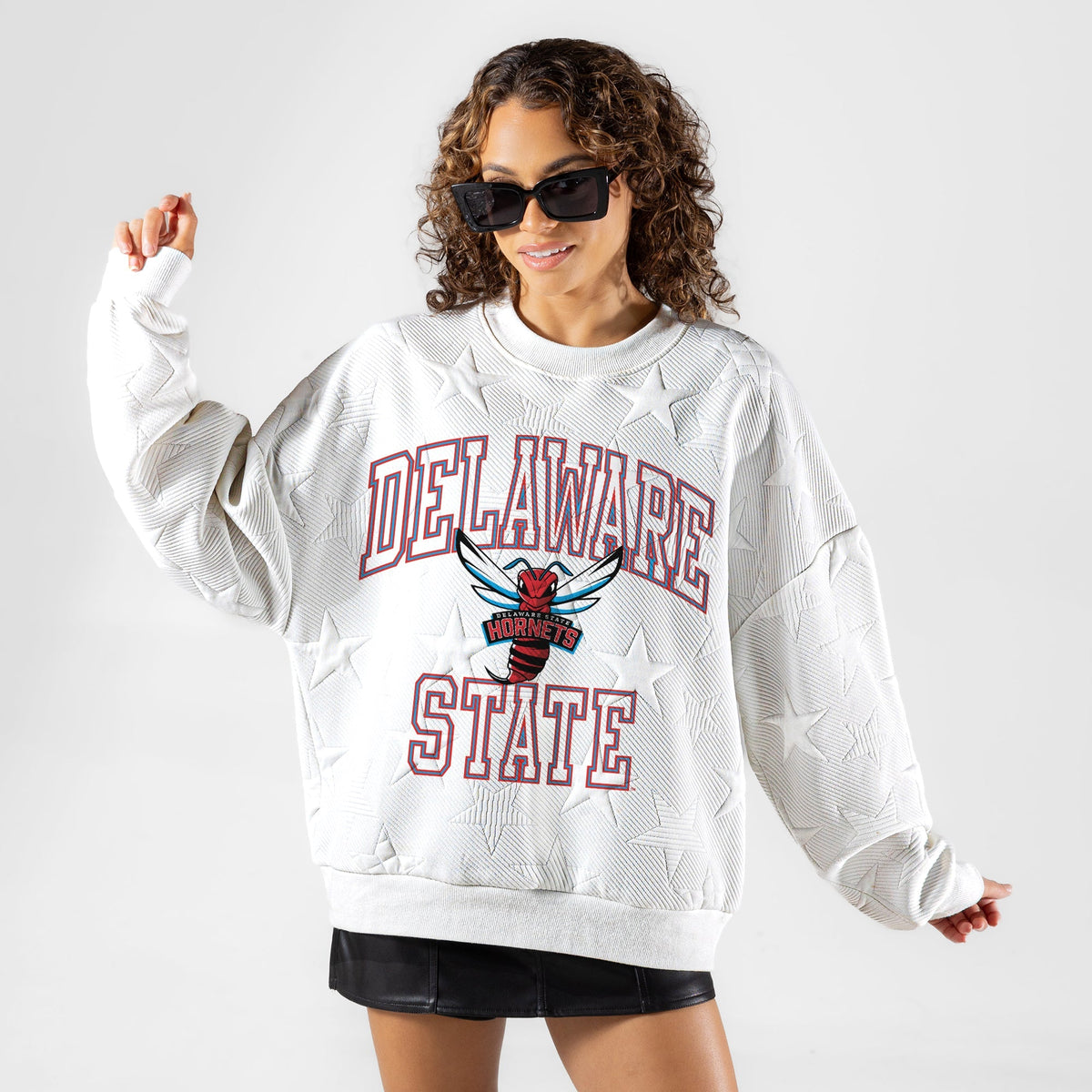 DELAWARE STATE HORNETS BIG PLAY ENERGY EMBOSSED STAR CREWNECK