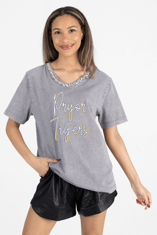 PRYOR TIGERS RHINESTONE V - NECK TEE - The Club