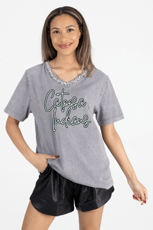 CATOOSA INDIANS RHINESTONE V - NECK TEE - The Club