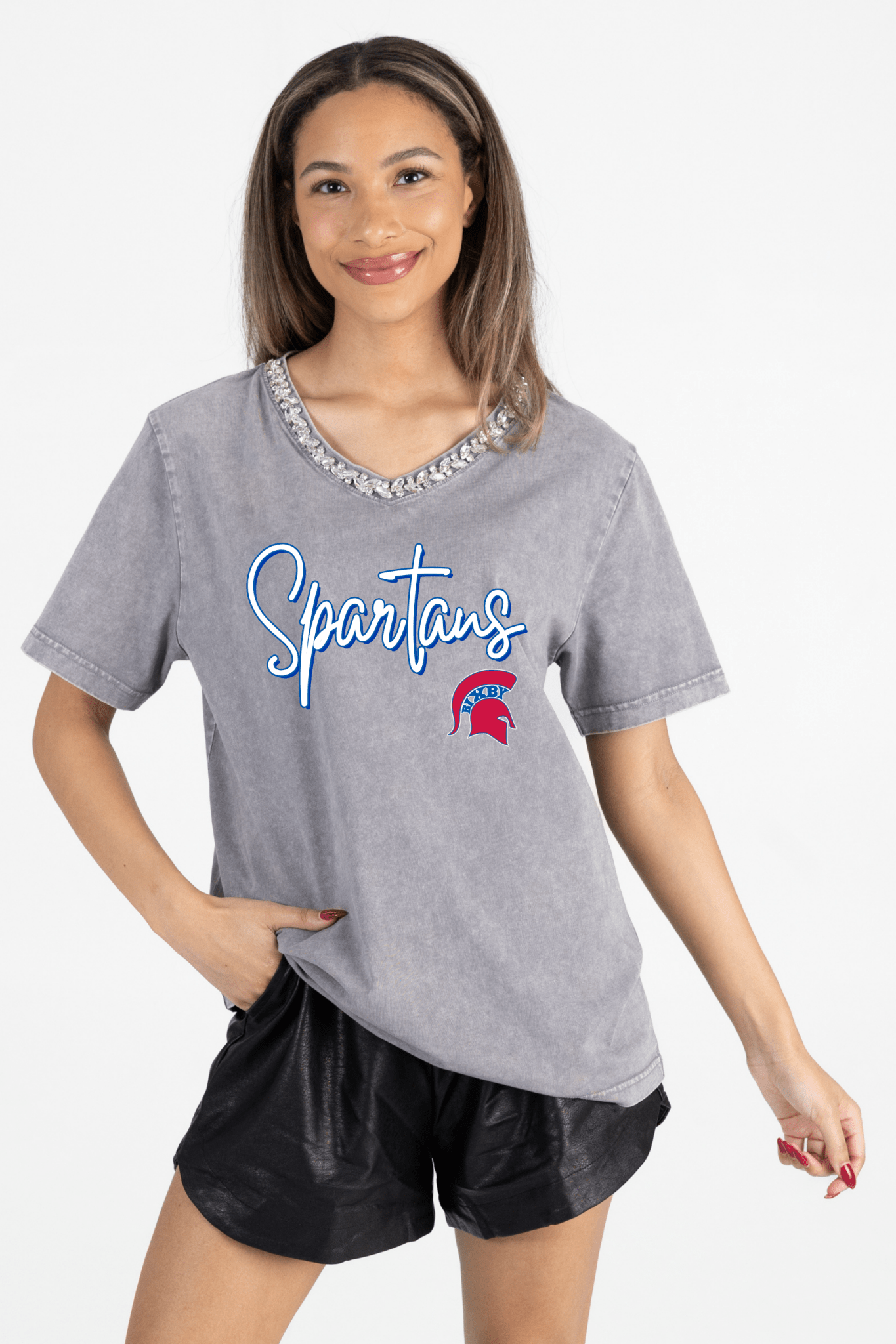BIXBY SPARTANS RHINESTONE V - NECK TEE - The Club
