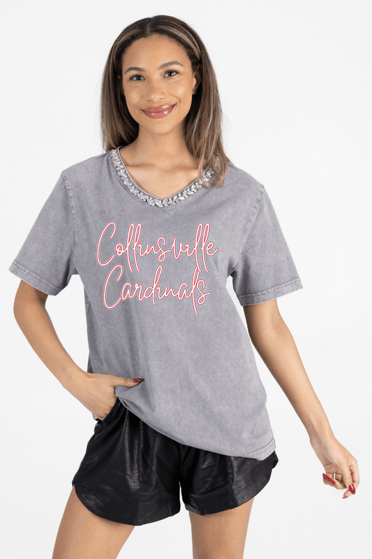 COLLINSVILLE CARDINALS RHINESTONE V - NECK TEE - The Club