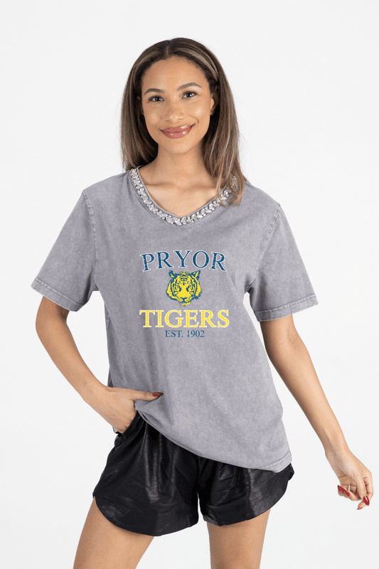 PRYOR TIGERS RHINESTONE V - NECK TEE - The Club
