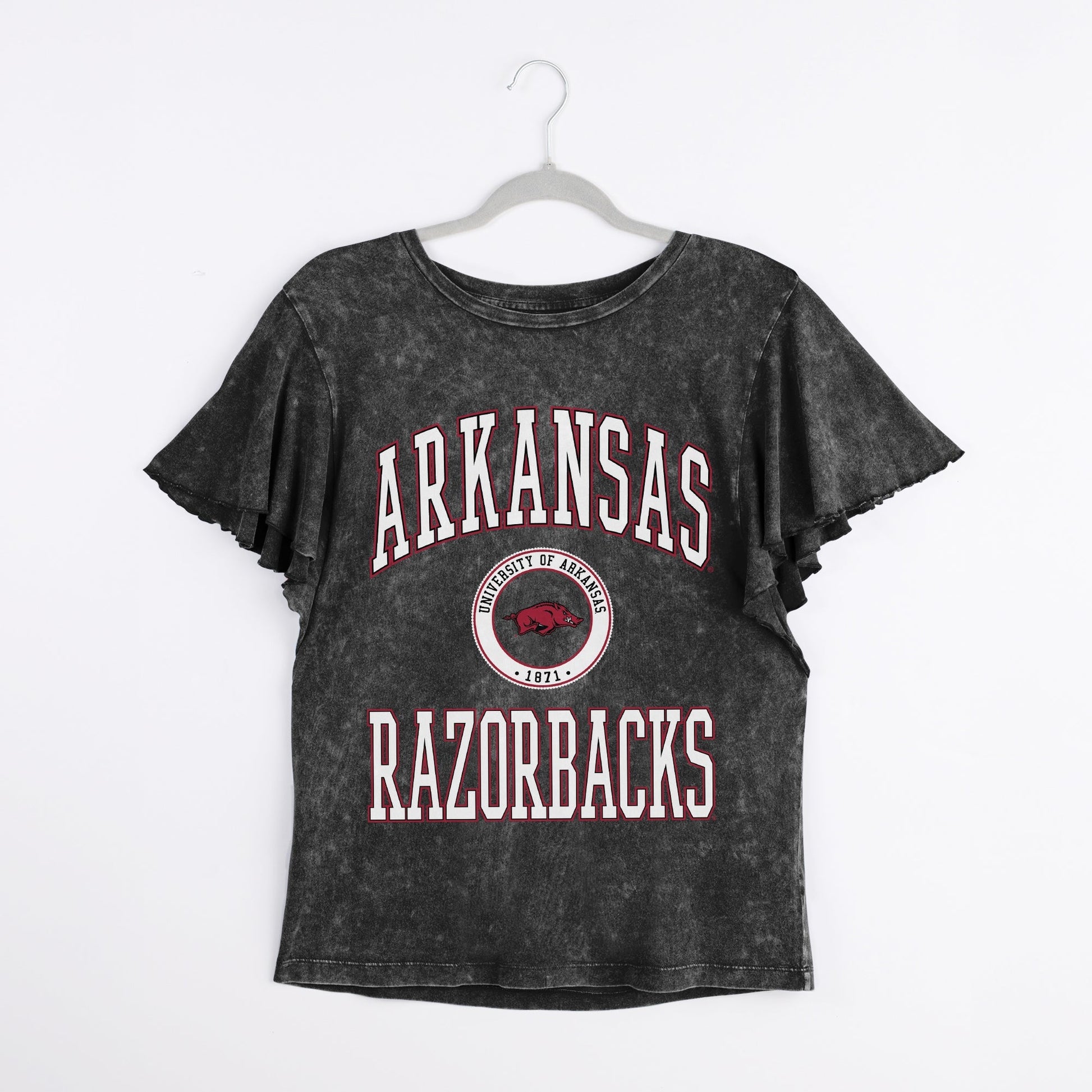 ARKANSAS RAZORBACKS VICTORY MODE FLUTTER SLEEVE TEE IN BLACK