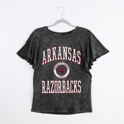 ARKANSAS RAZORBACKS VICTORY MODE FLUTTER SLEEVE TEE IN BLACK