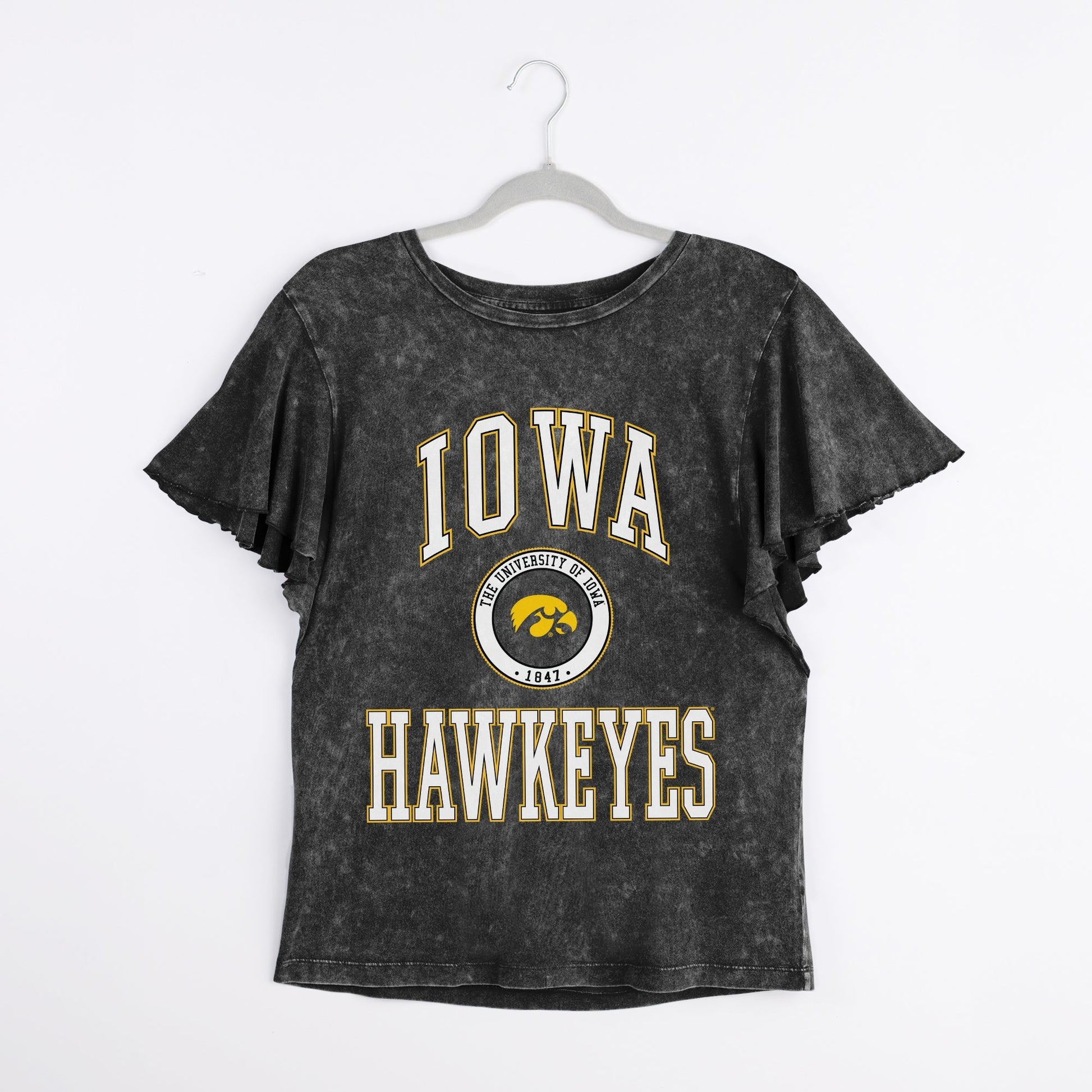 IOWA HAWKEYES VICTORY MODE FLUTTER SLEEVE TEE IN BLACK