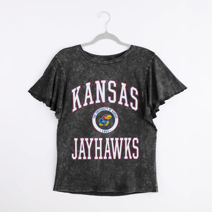 KANSAS JAYHAWKS VICTORY MODE FLUTTER SLEEVE TEE IN BLACK