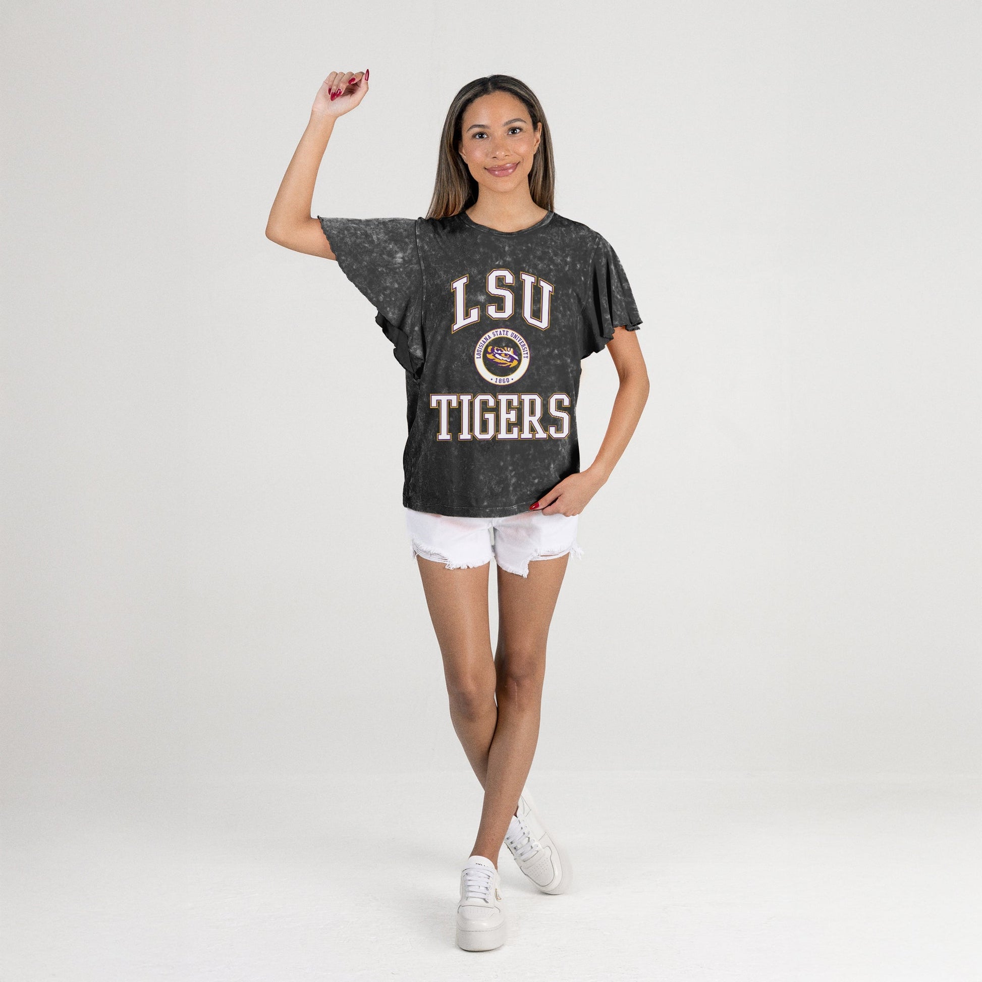 LSU TIGERS VICTORY MODE FLUTTER SLEEVE TEE IN BLACK