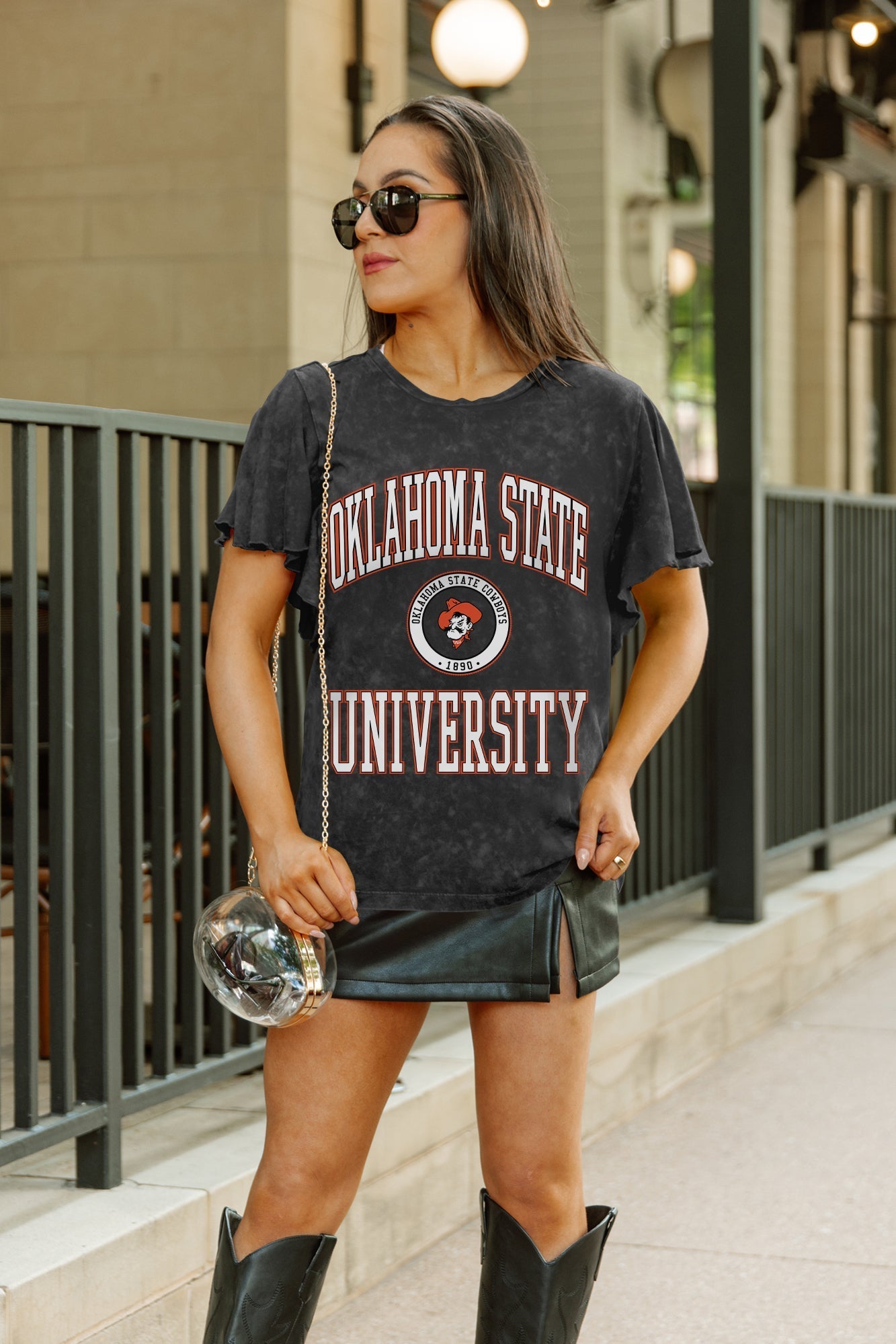 OKLAHOMA STATE COWBOYS VICTORY MODE FLUTTER SLEEVE TEE IN BLACK