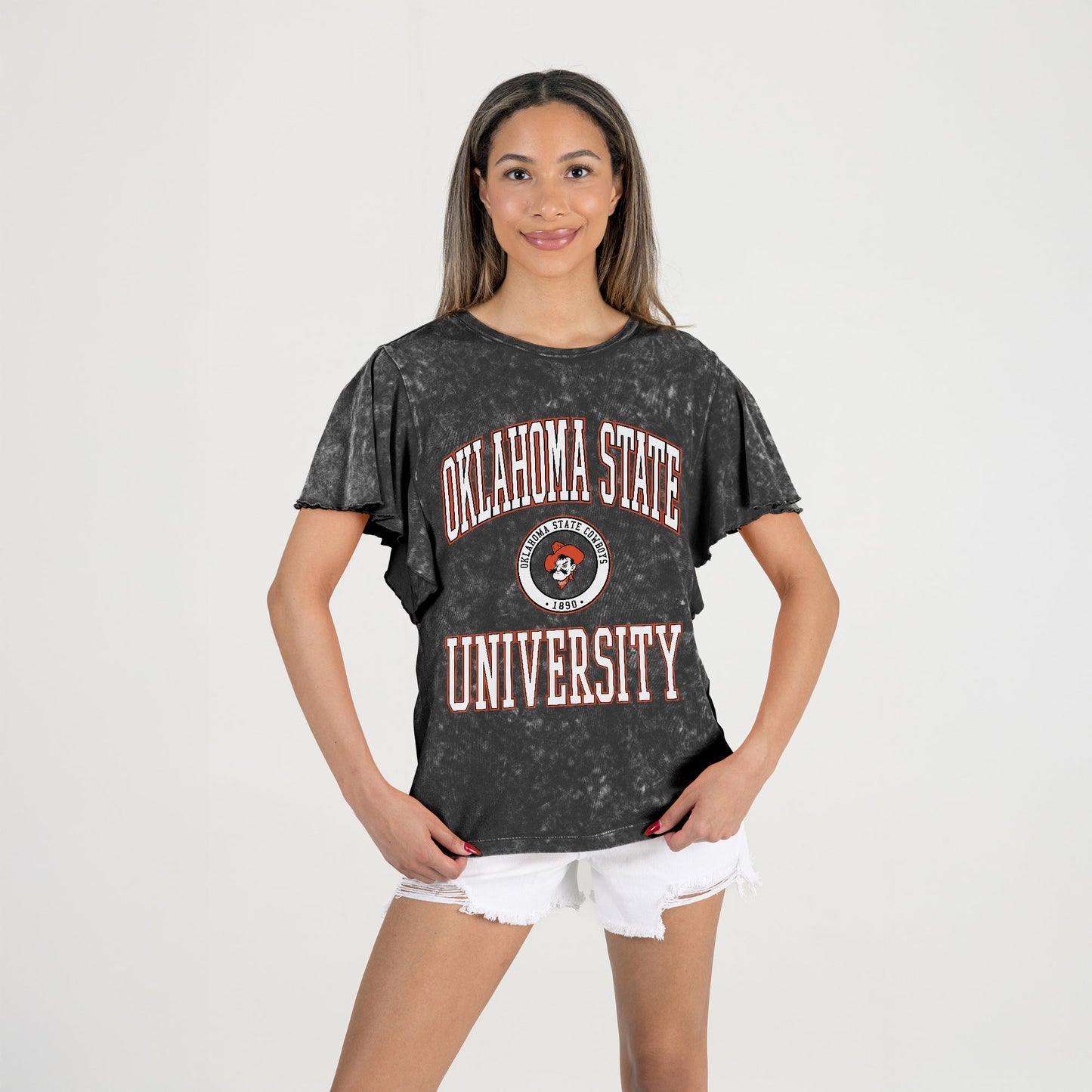 OKLAHOMA STATE COWBOYS VICTORY MODE FLUTTER SLEEVE TEE IN BLACK