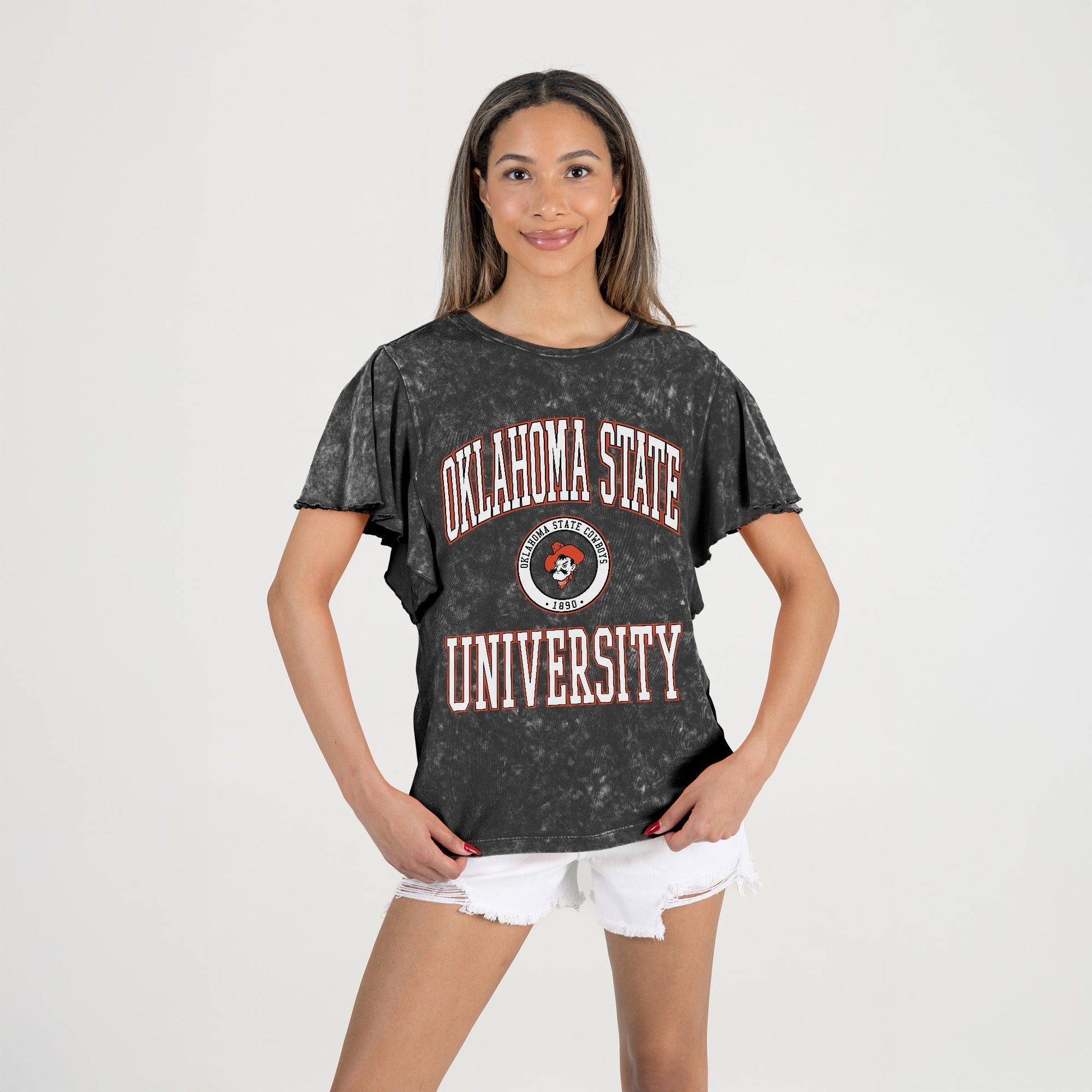 OKLAHOMA STATE COWBOYS VICTORY MODE FLUTTER SLEEVE TEE IN BLACK
