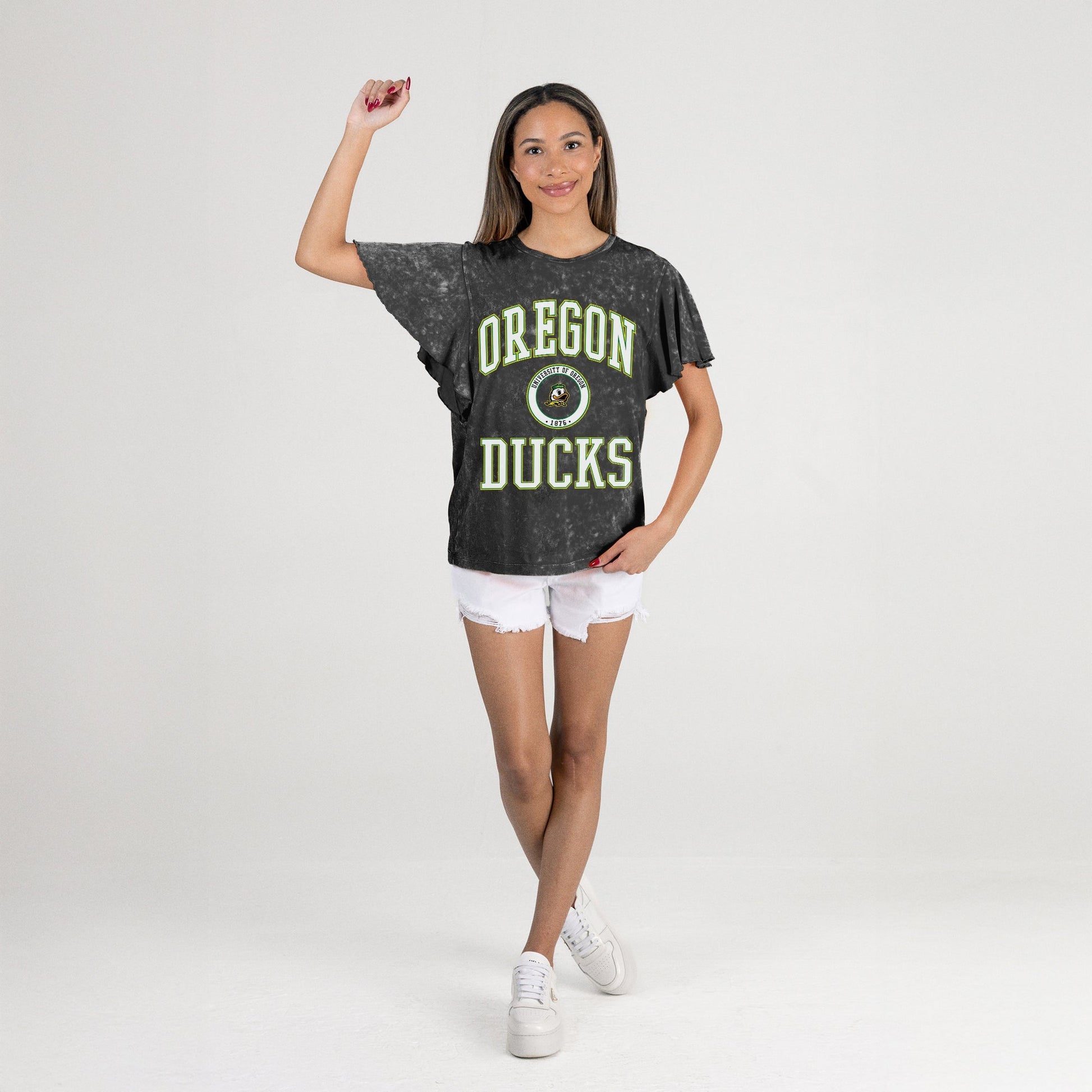 OREGON DUCKS VICTORY MODE FLUTTER SLEEVE TEE IN BLACK