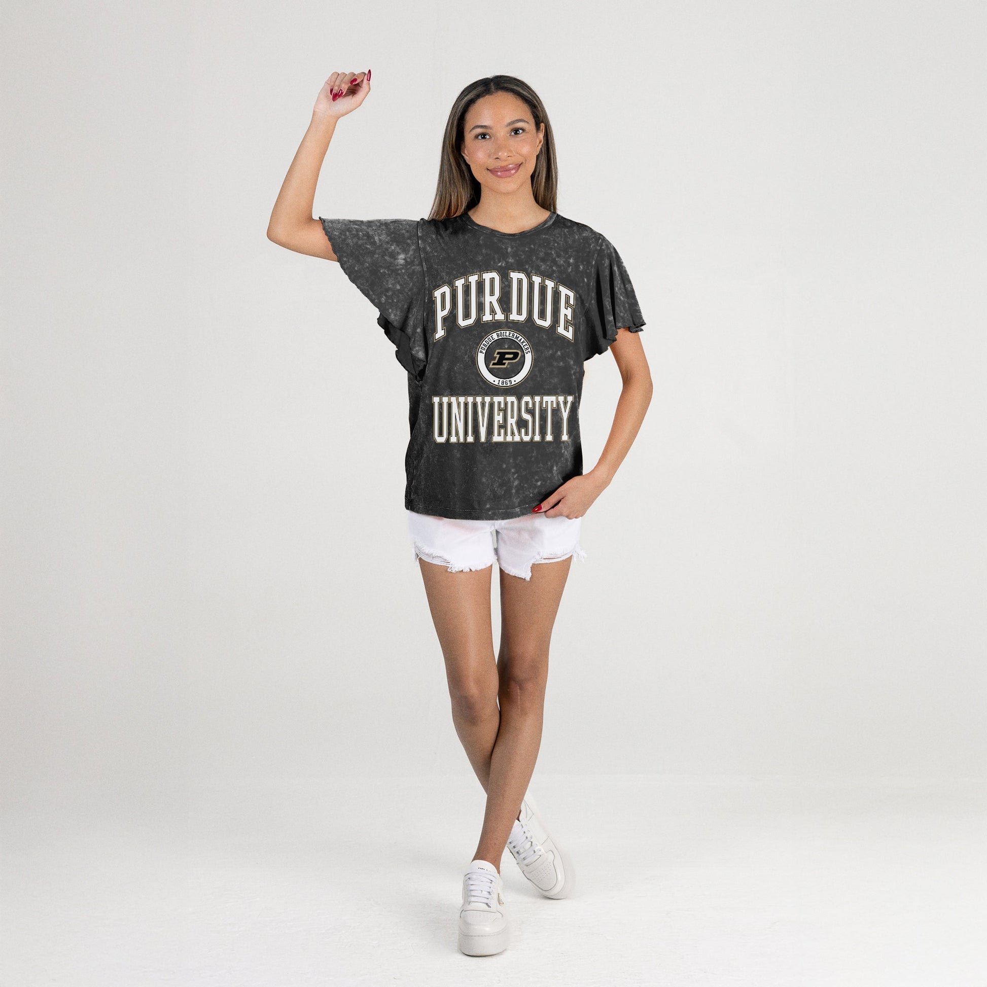 PURDUE BOILERMAKERS VICTORY MODE FLUTTER SLEEVE TEE IN BLACK