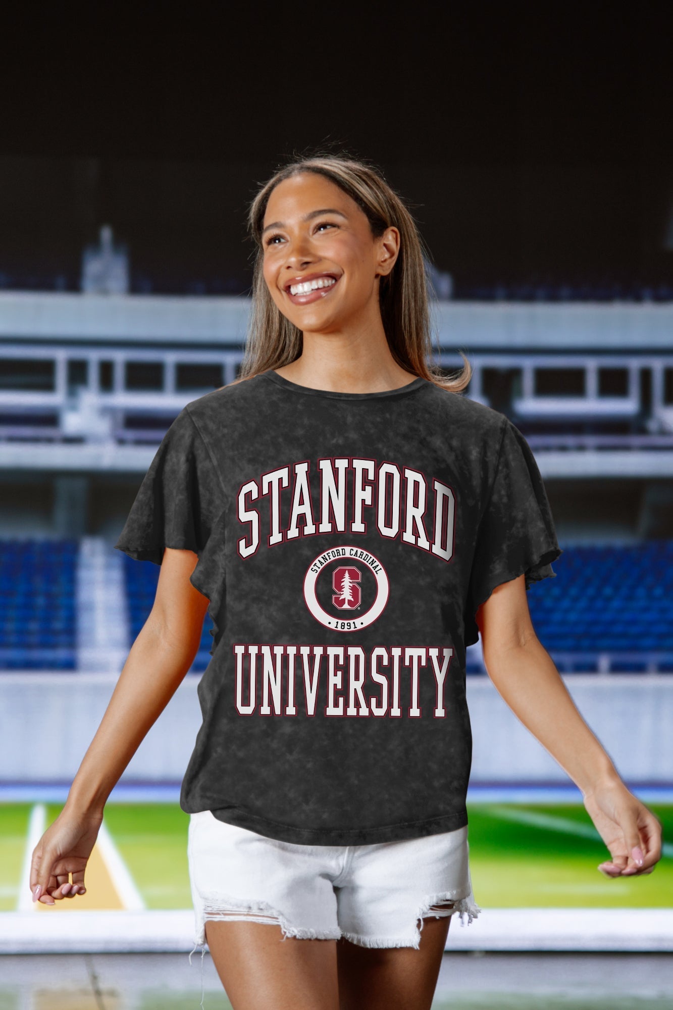 STANFORD CARDINAL VICTORY MODE FLUTTER SLEEVE TEE IN BLACK