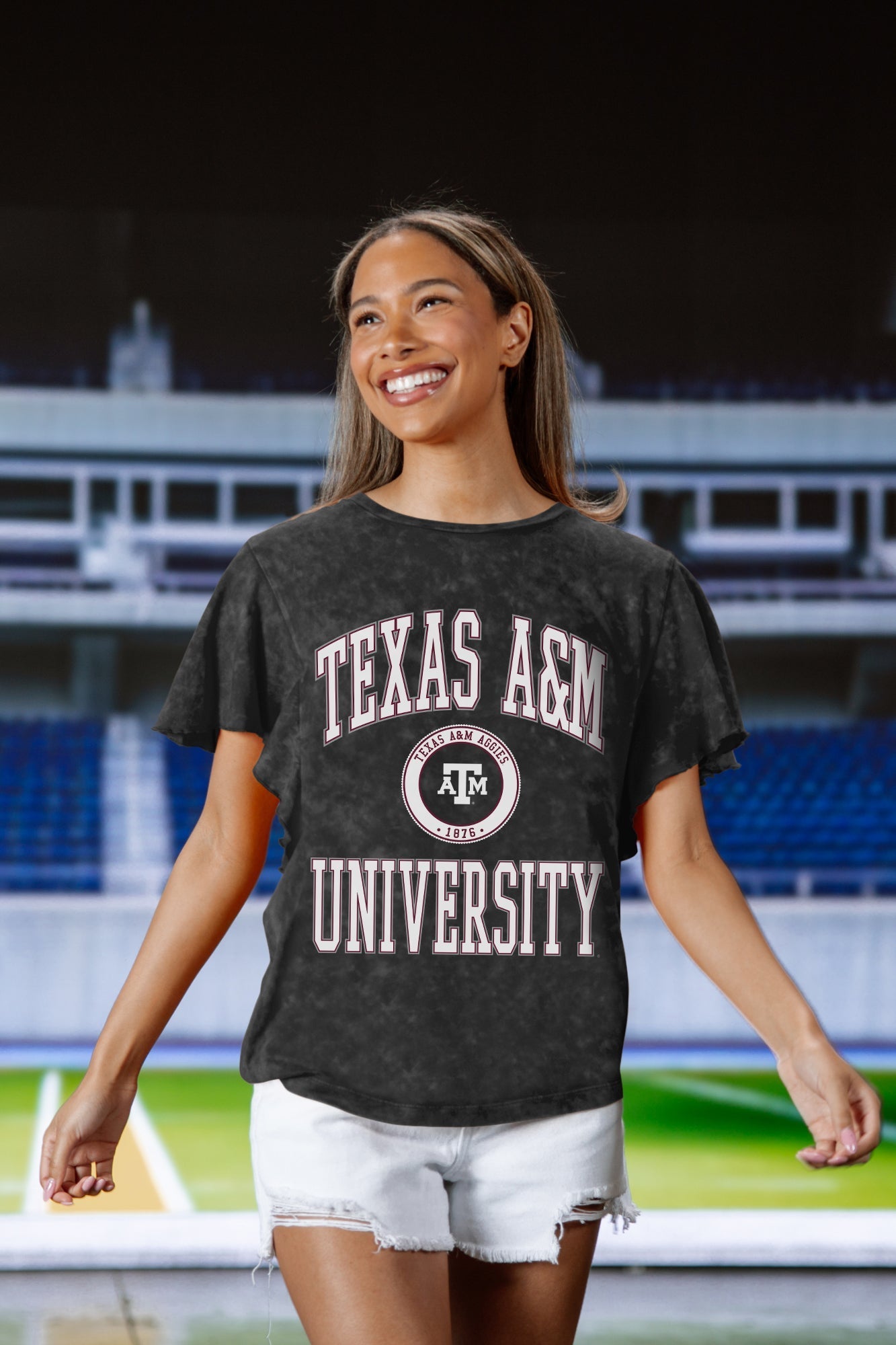 TEXAS A&M AGGIES VICTORY MODE FLUTTER SLEEVE TEE IN BLACK